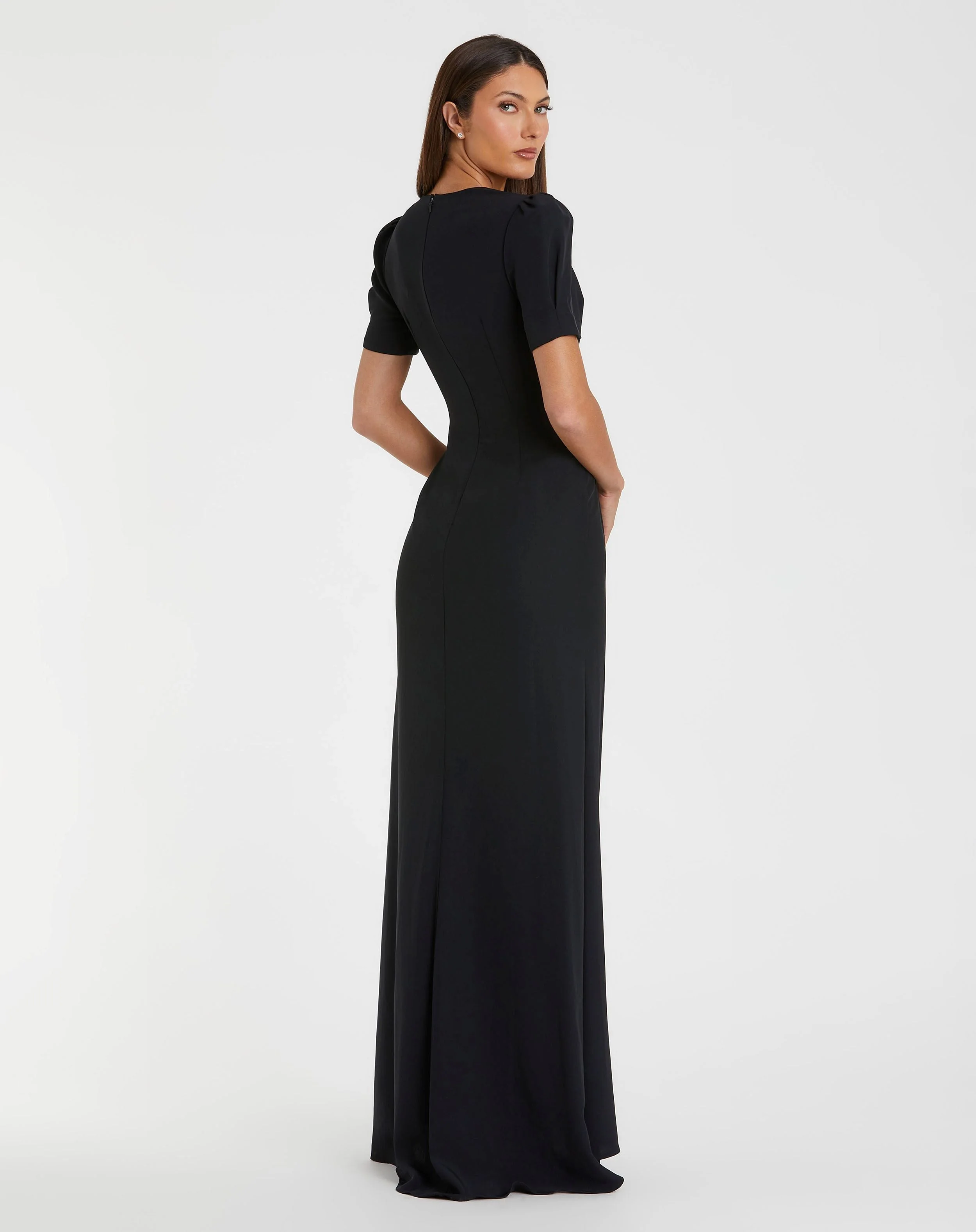 Black Plunge Neck Puff Sleeve Cut Out Gown
