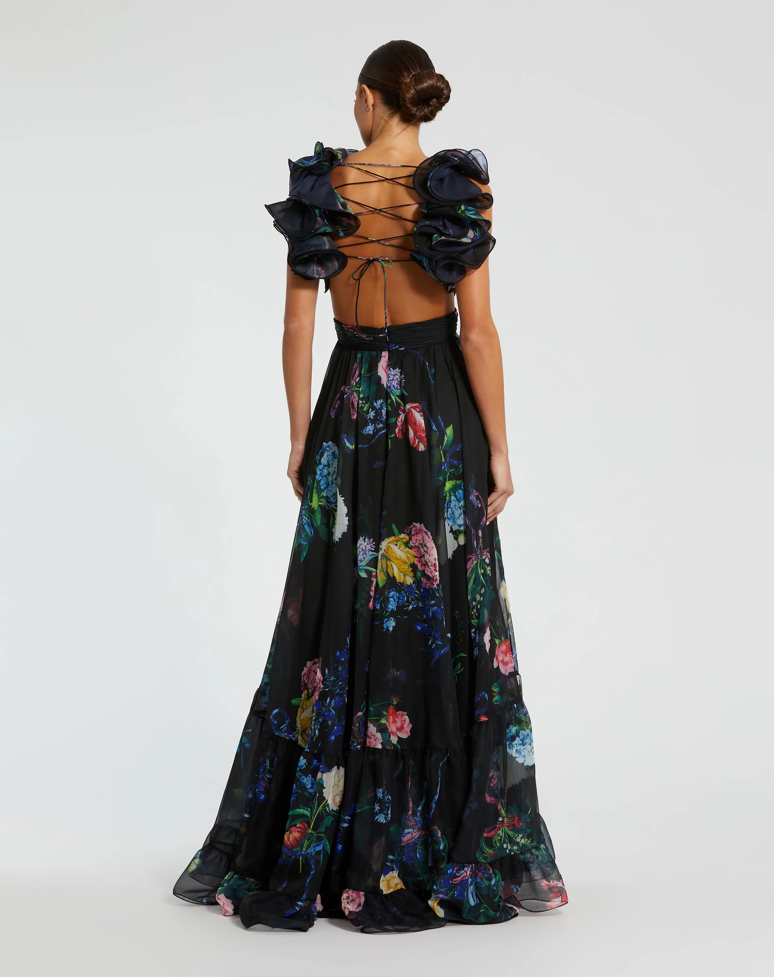 Black Ruffle Tiered Floral Cut-Out Chiffon Gown