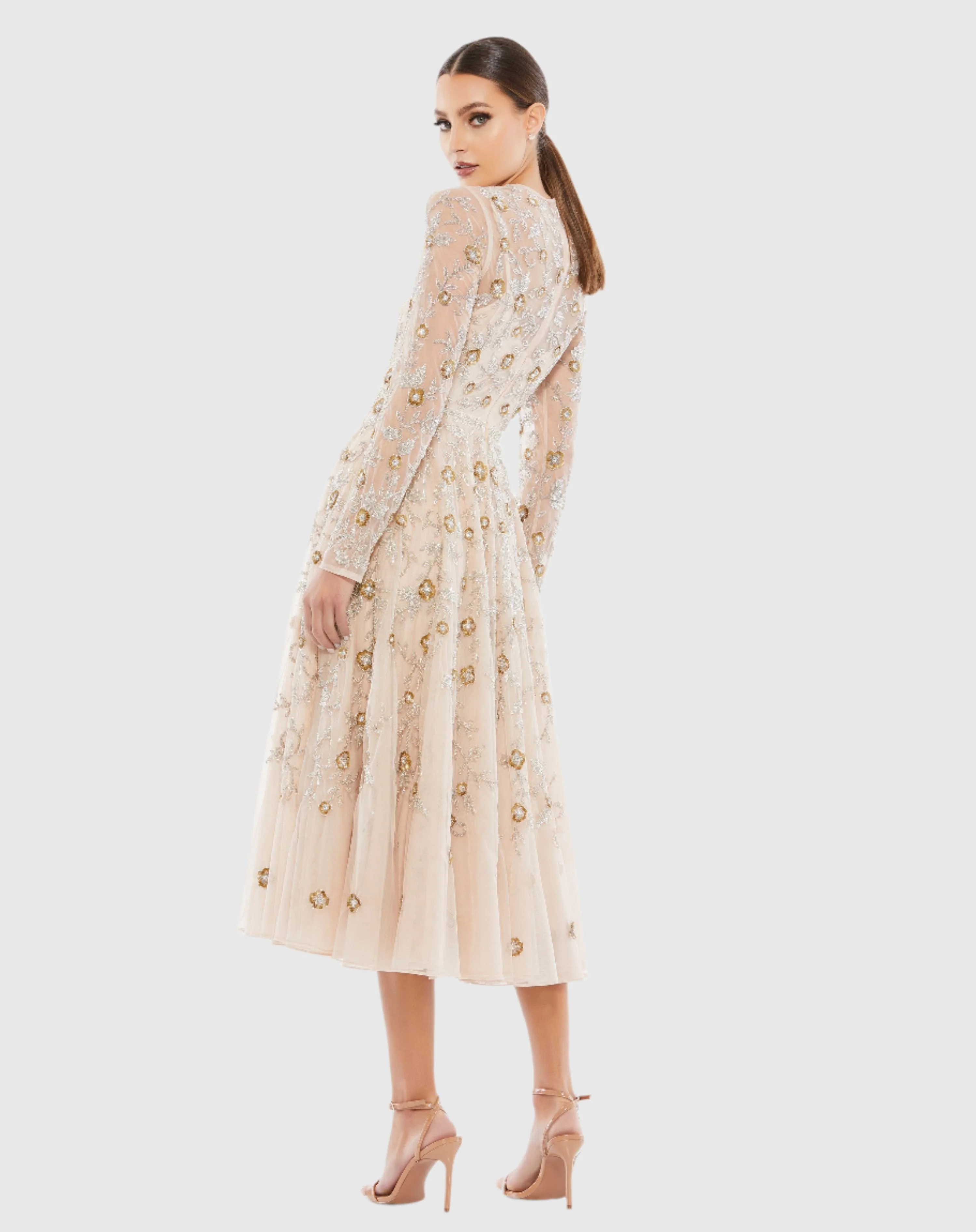 Beige Beaded Illusion High Neck Long Sleeve A Line Gown