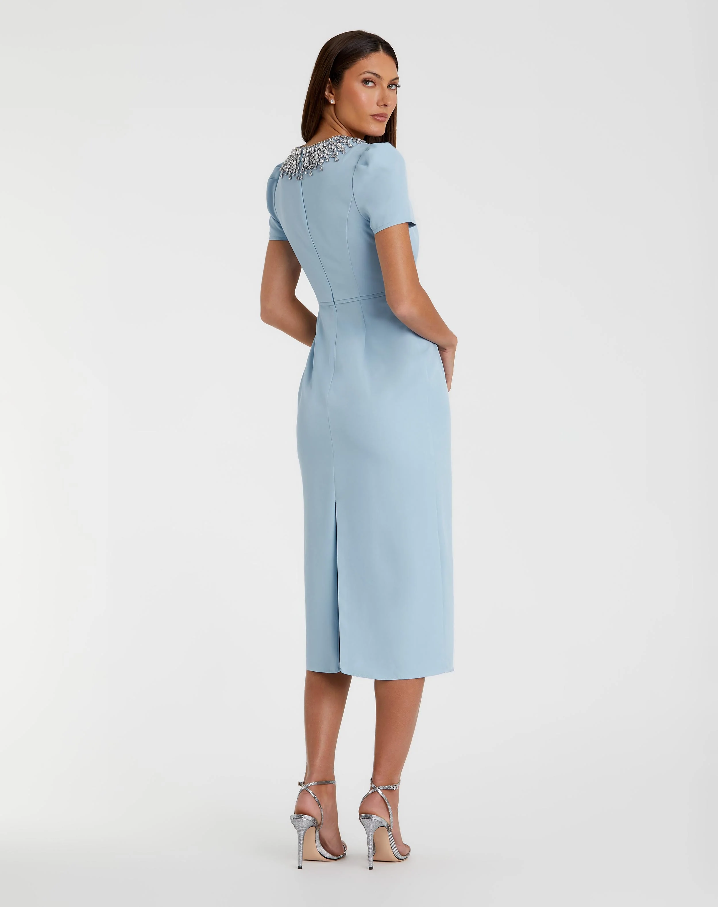 Blue Rhinestone Neckline Dress