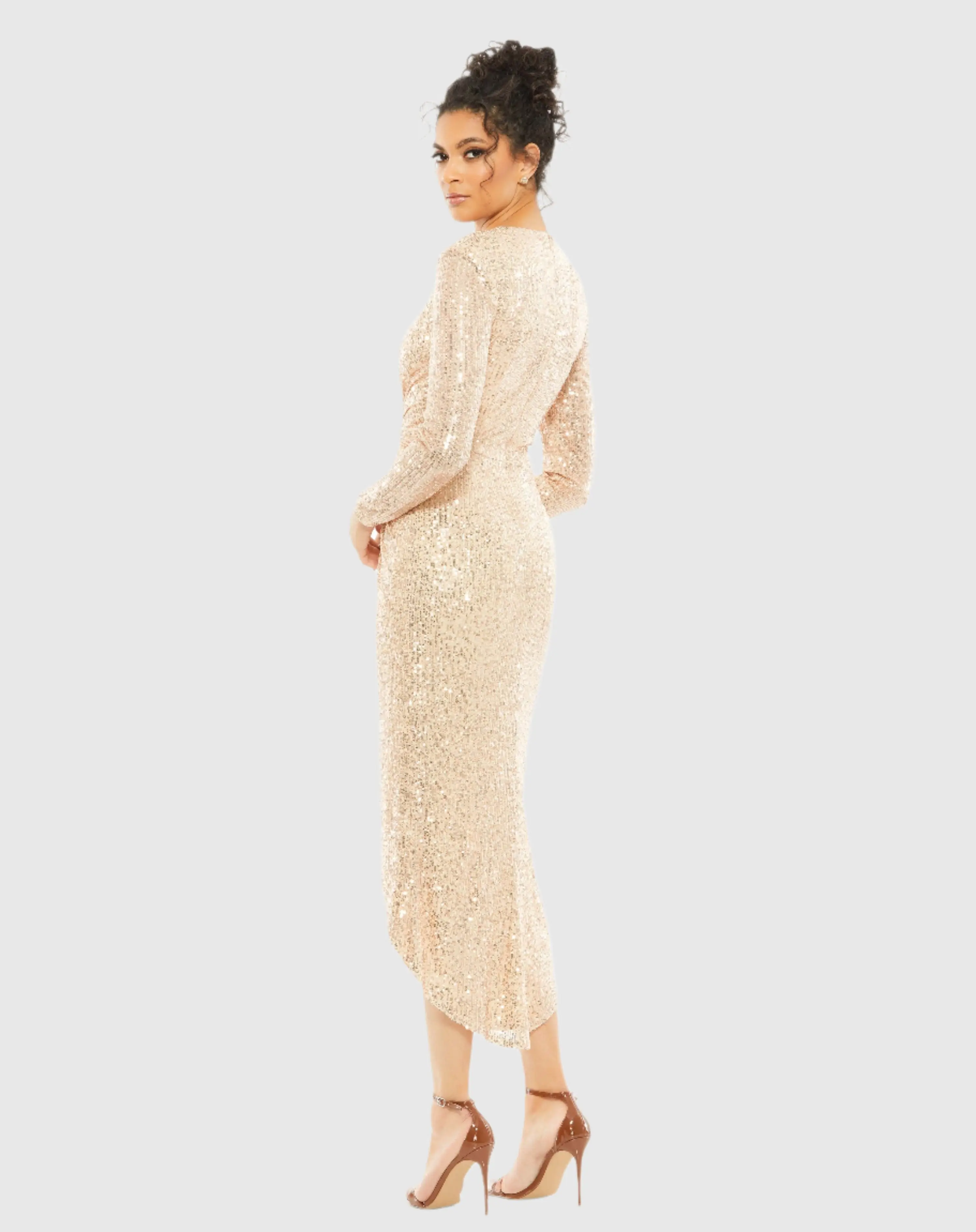 Gold Sequined High Low Front Twist Midi Dress