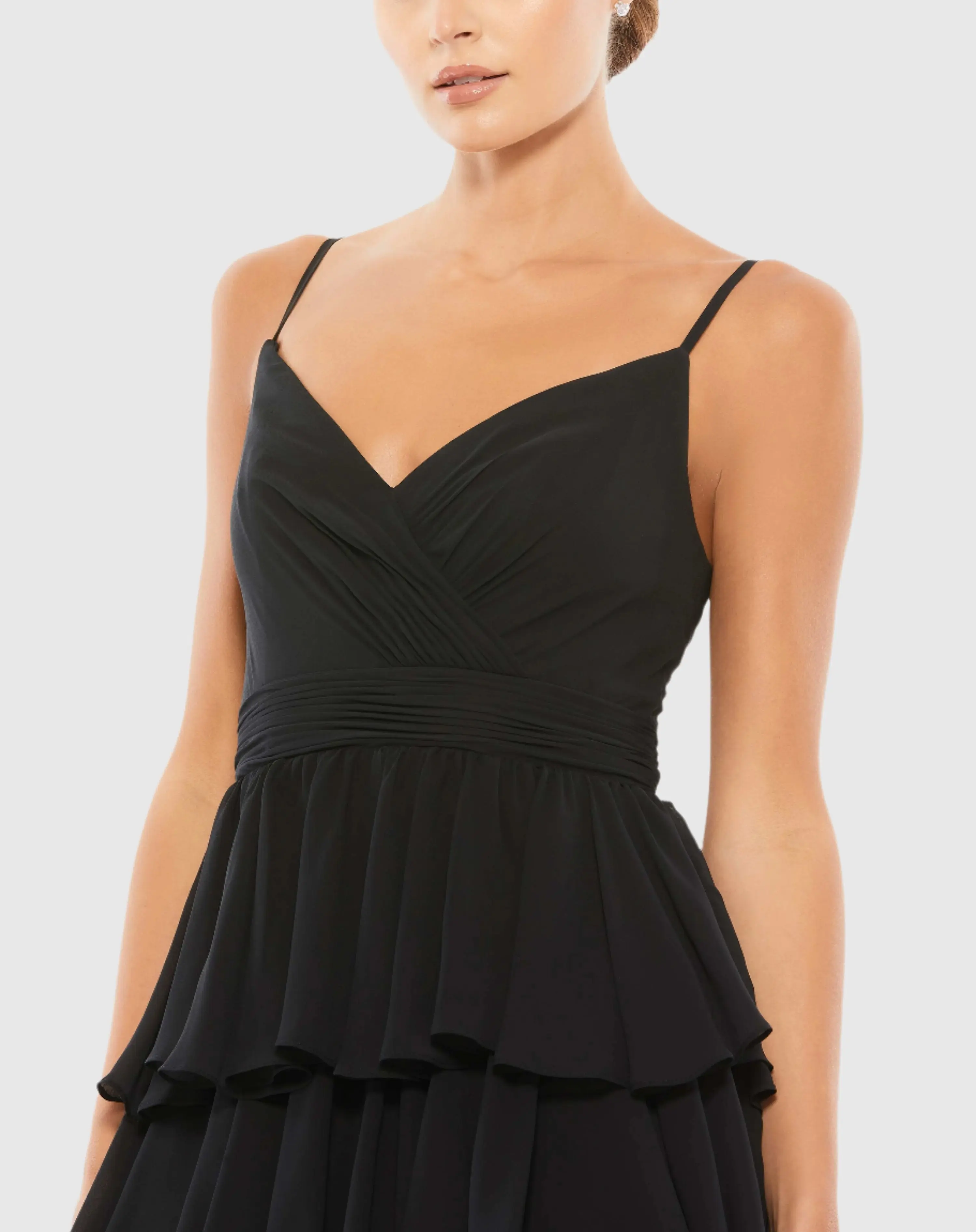 Black V-Neck Sleeveless Gown with Ruffled Skirt