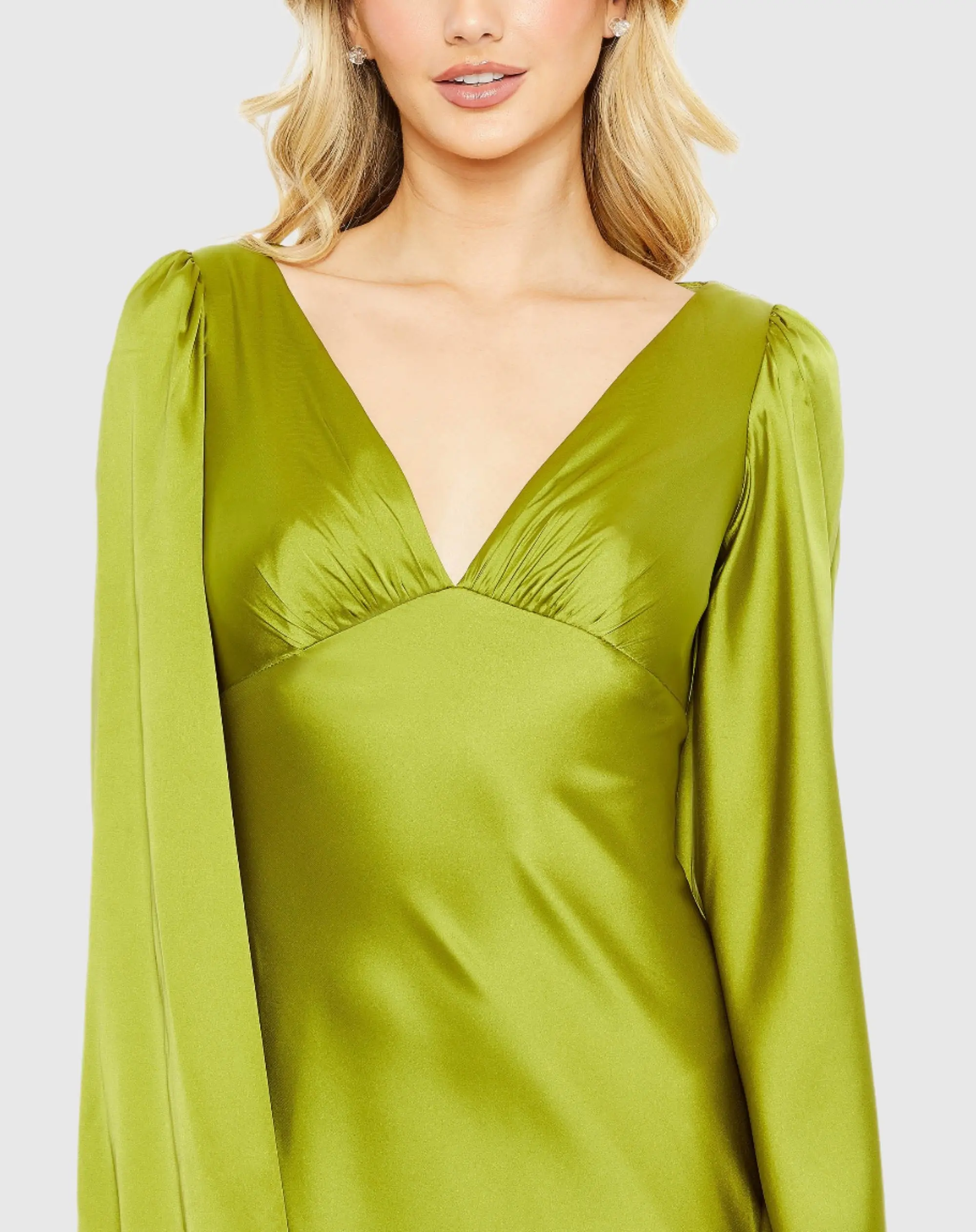 Green Charmeuse Bell Sleeve Empire Waist Gown