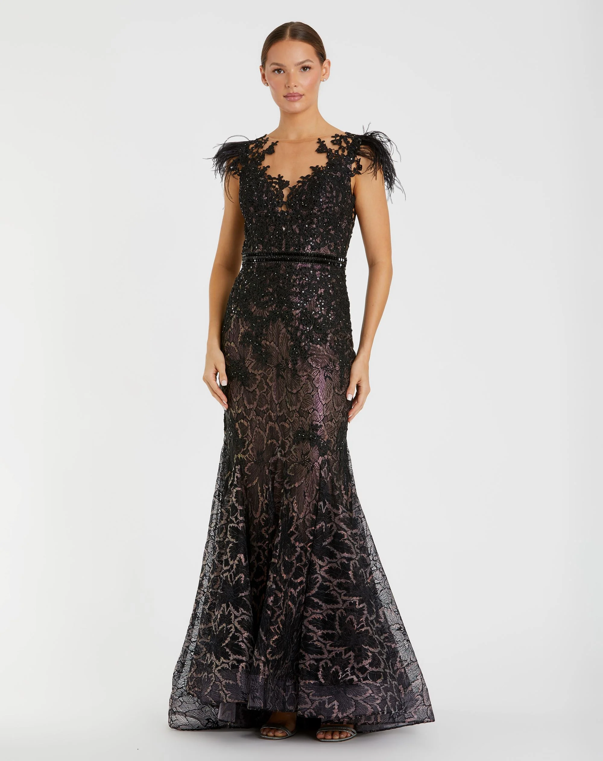 Black Embellished Feather Cap Sleeve Illusion Neck Trumpet Gown