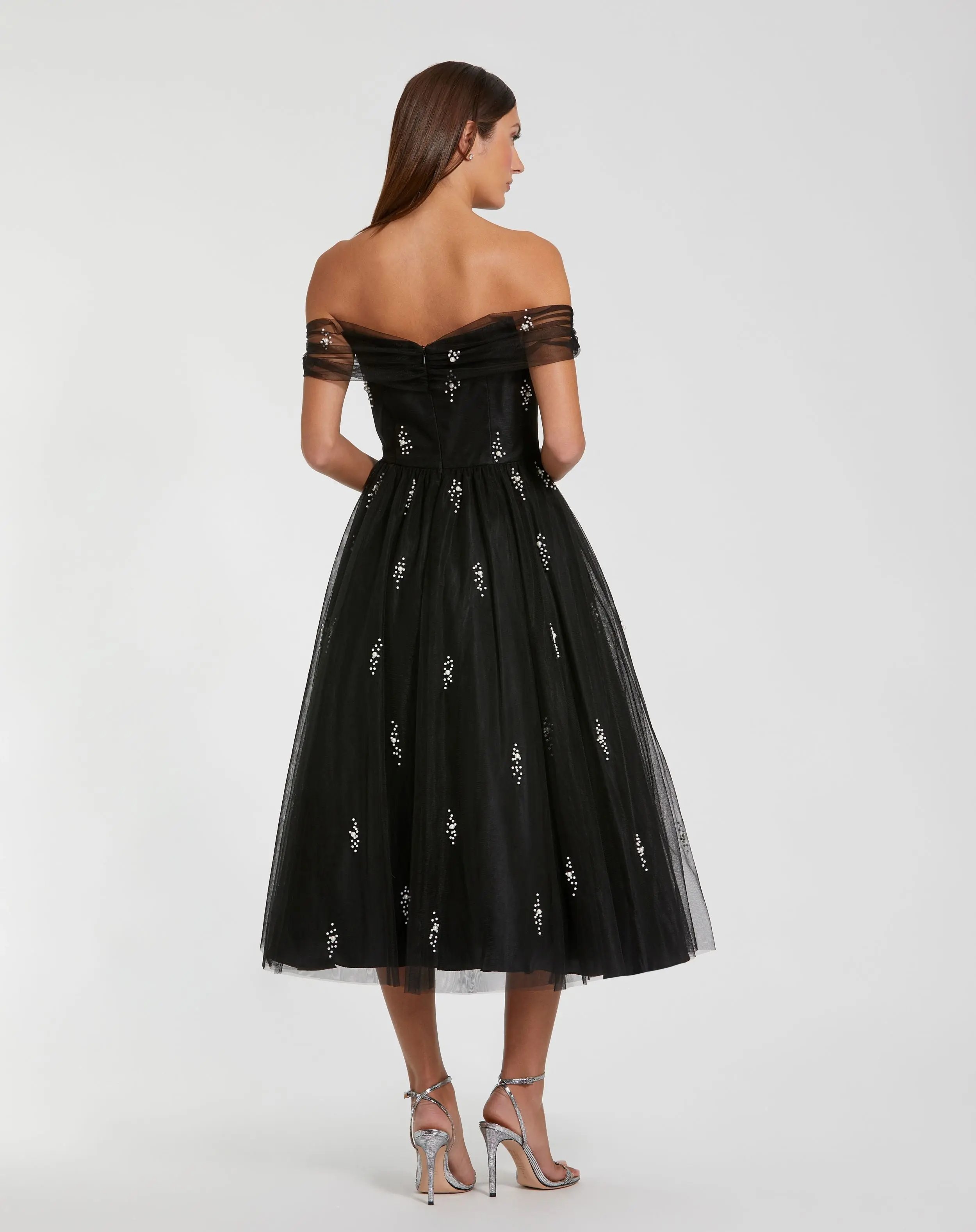 Black Off The Shoulder Embellished Tulle Cocktail Dress