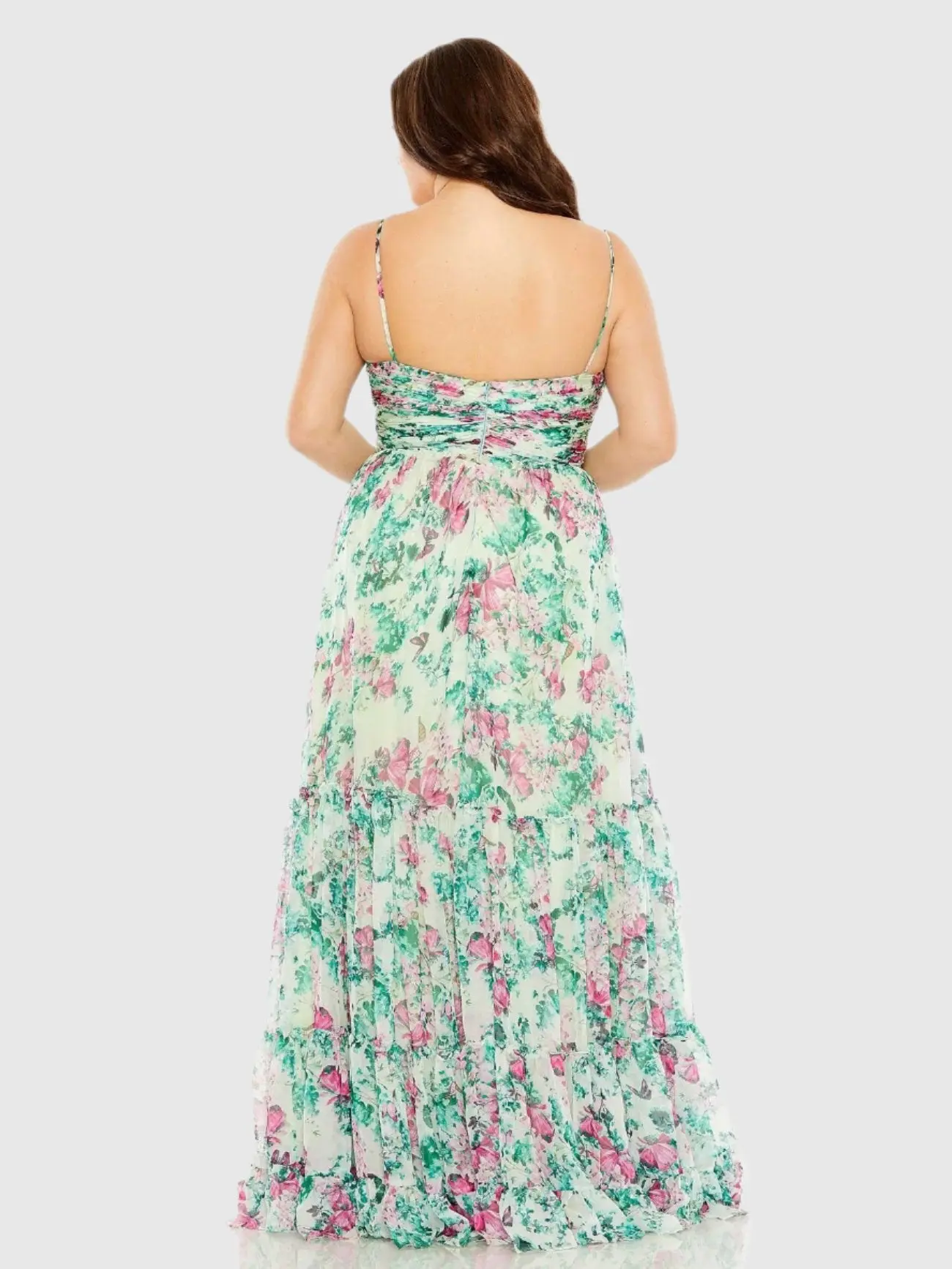 Green Floral Printed Tiered Ruched Gown