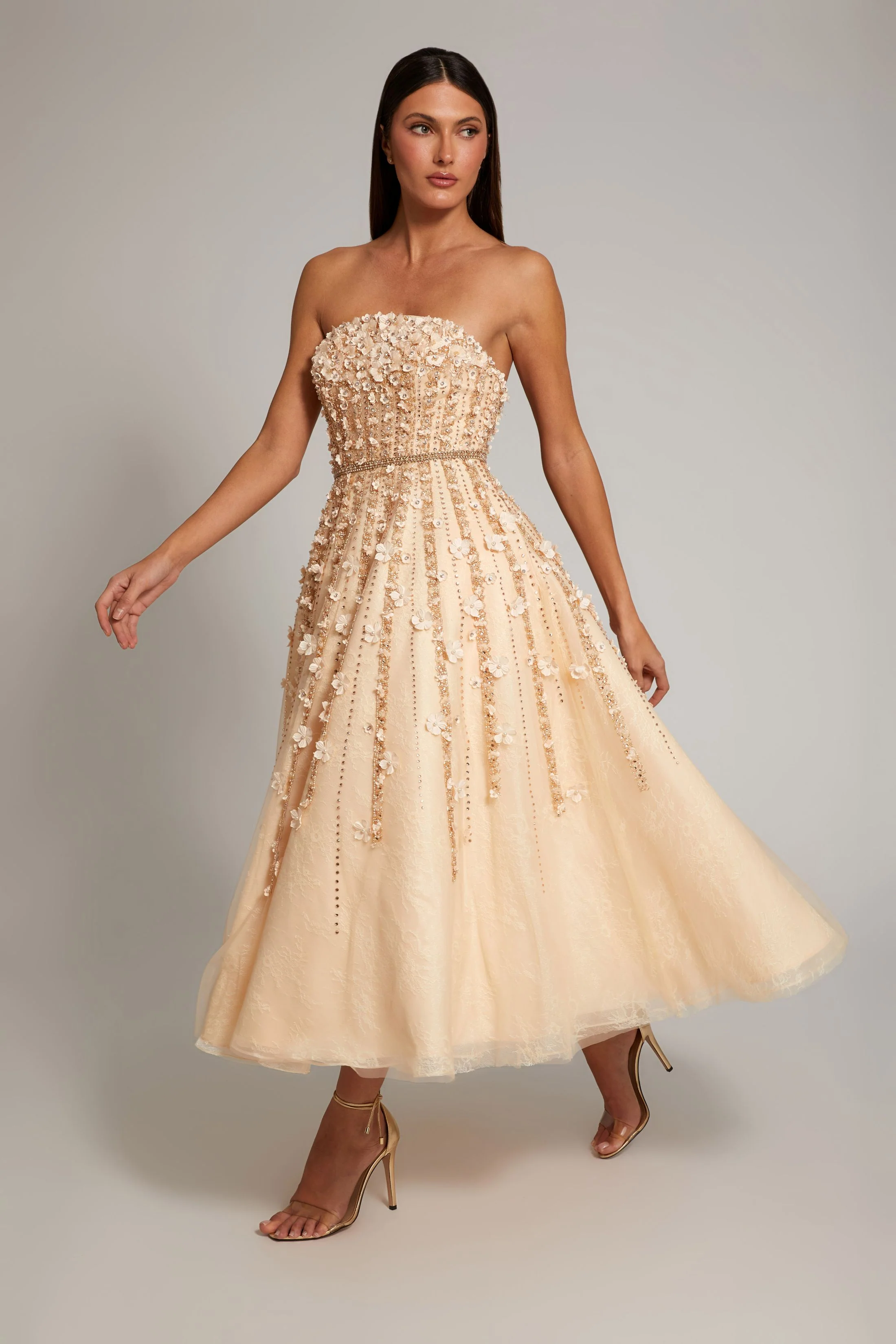 Beige Embellished Lace Strapless A Line Midi Dress