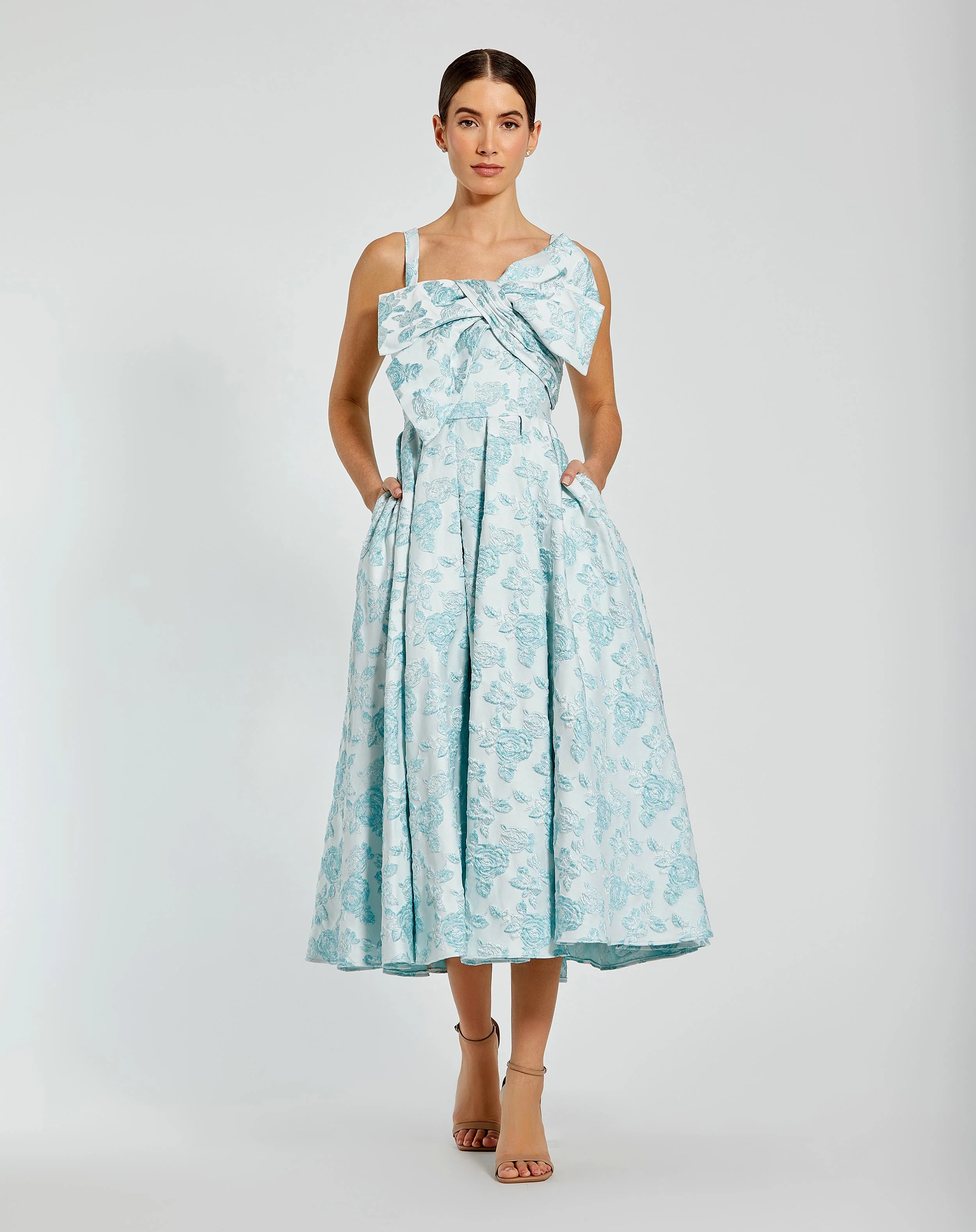 Blue Sleeveless Large Bow Detail Floral Brocade Dress