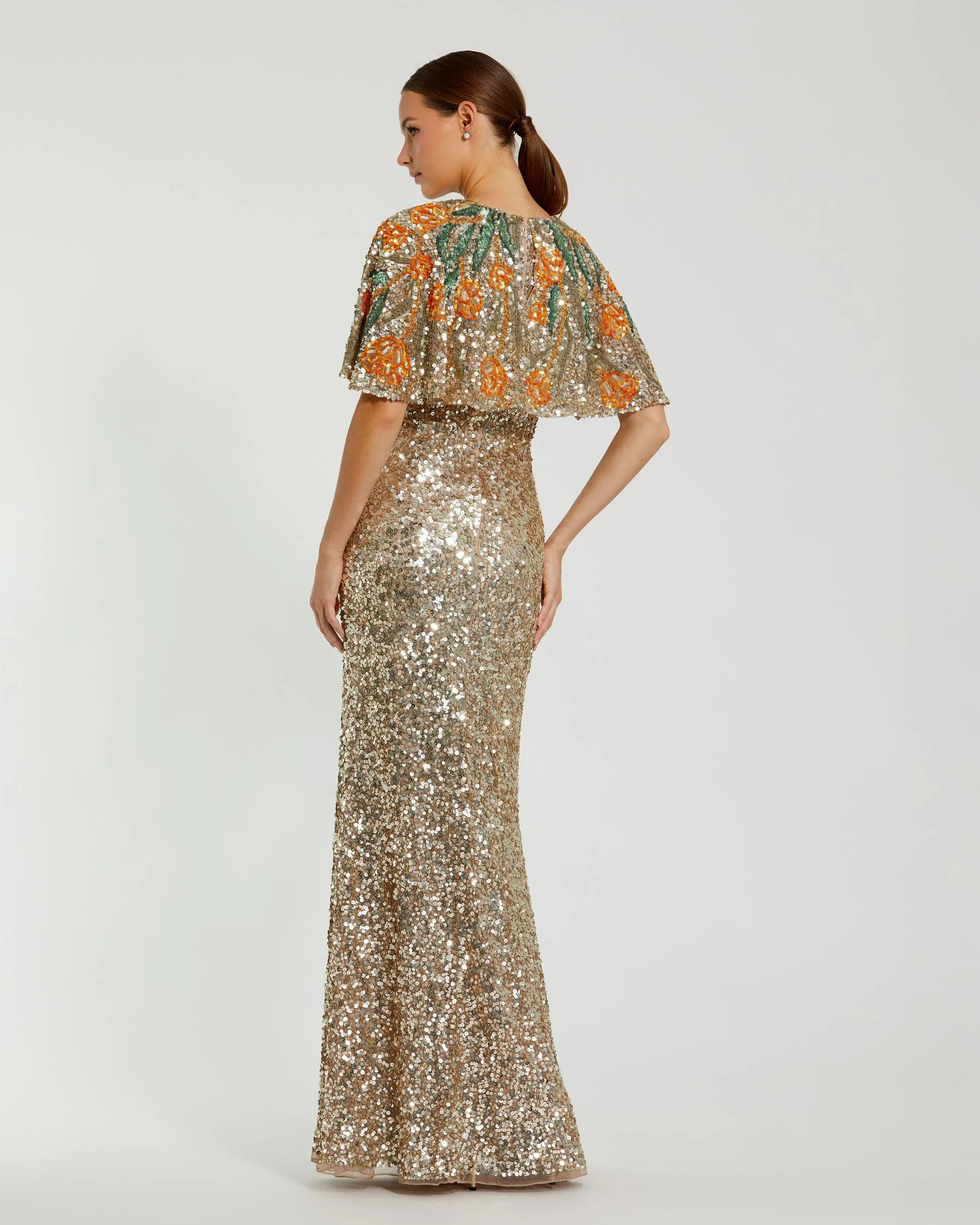 Gold Embellished Gown With Floral Beaded Shawl