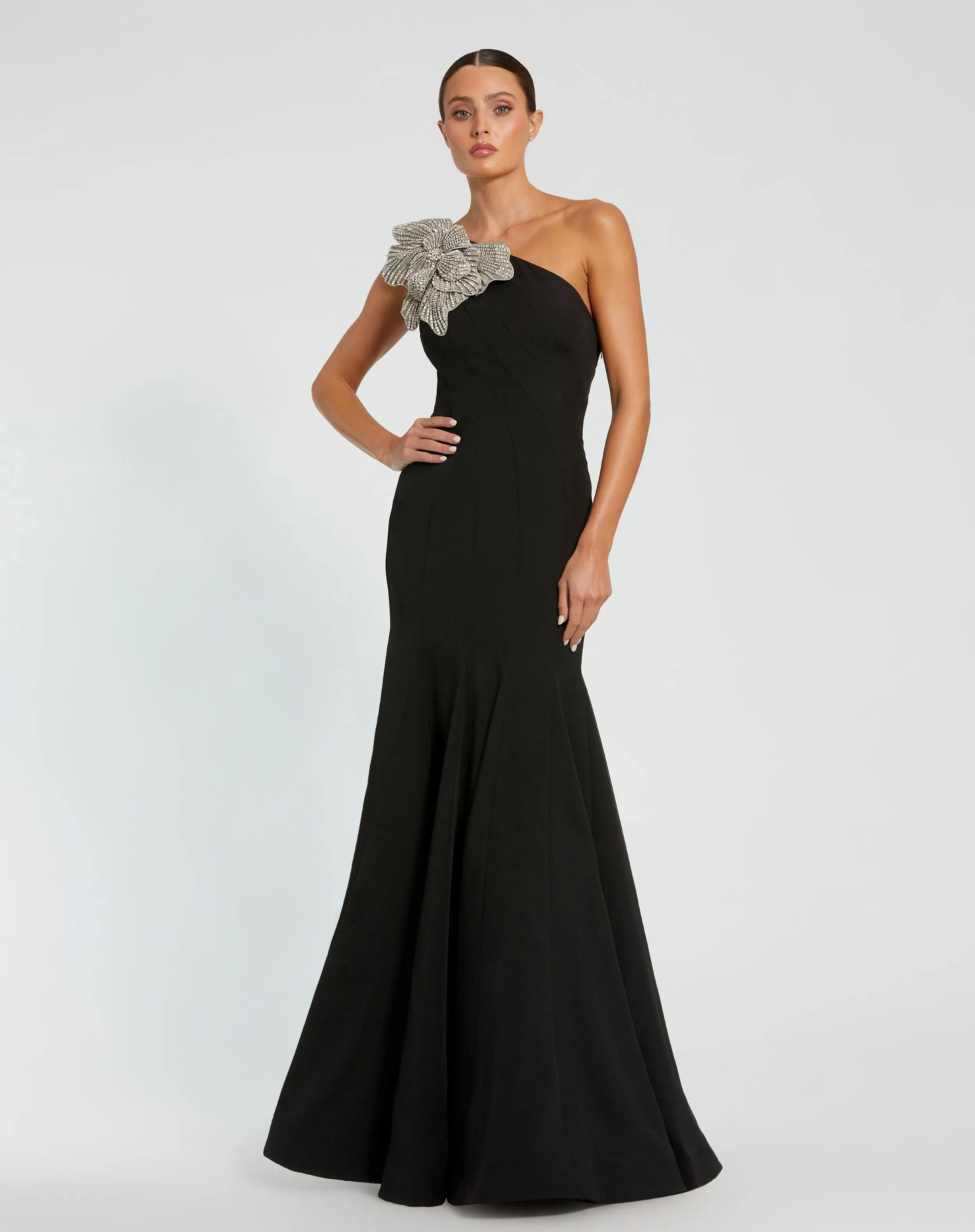 Black Crepe One Shoulder Gown With Crystal Flower