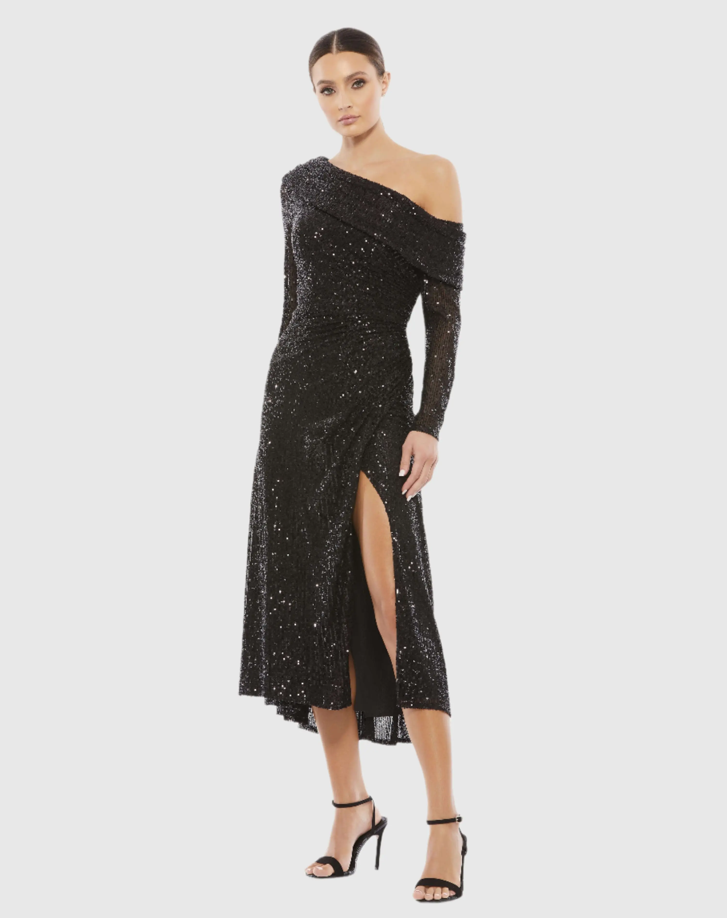 Black One Shoulder Sequin Long Sleeve Midi Dress