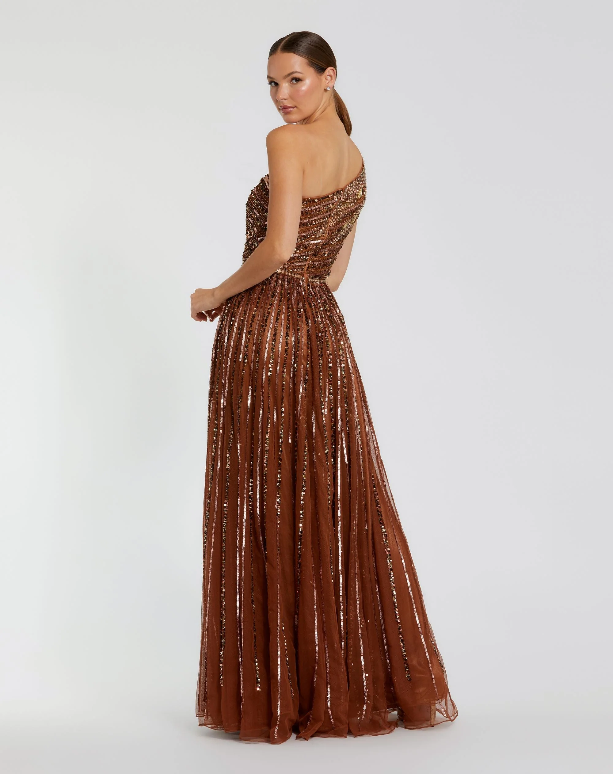 Brown Embellished One Shoulder A-Line Gown
