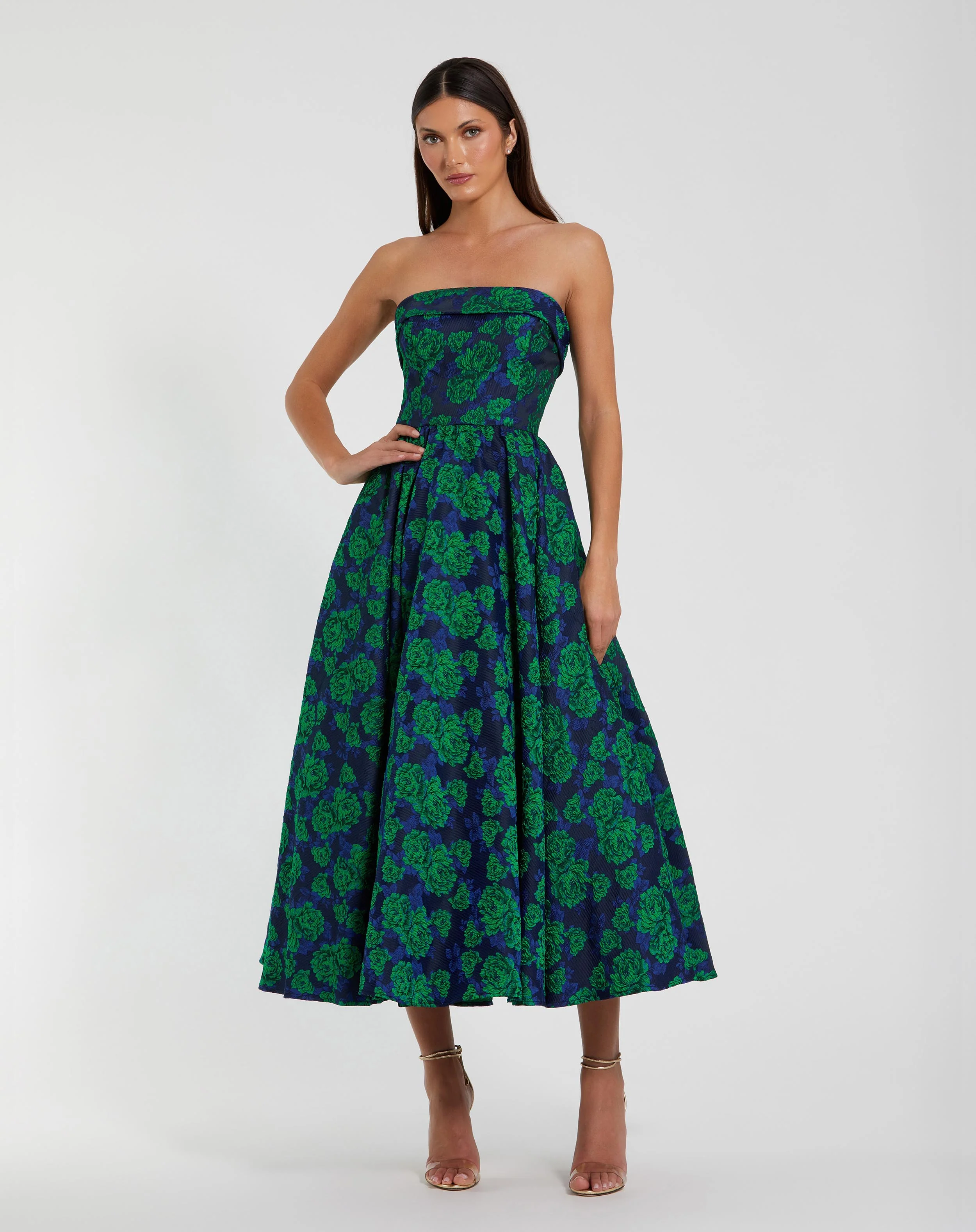 Blue and Green Brocade Strapless A Line Midi Dress