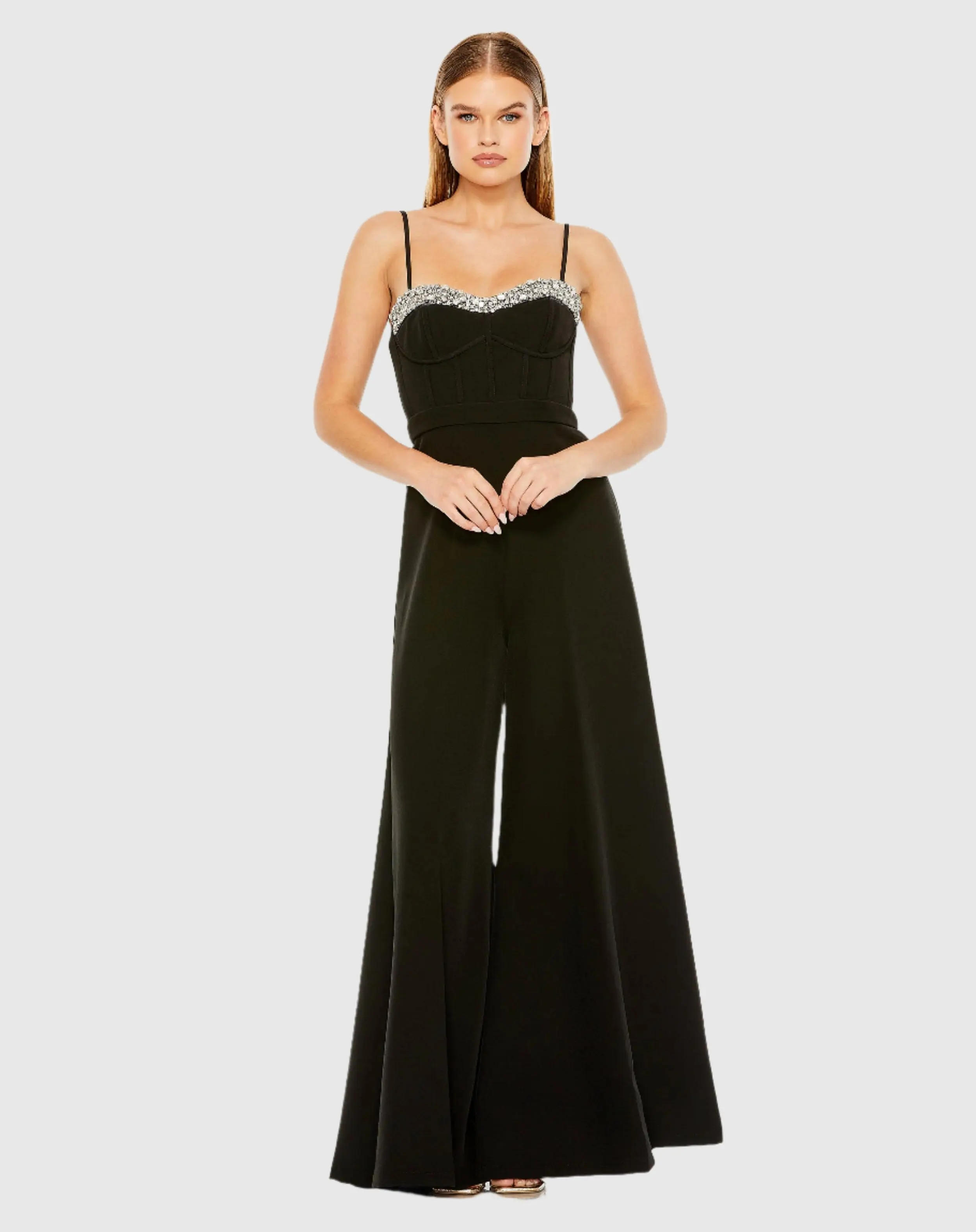 Black Slim Strap Beaded Bustier Top Jumpsuit