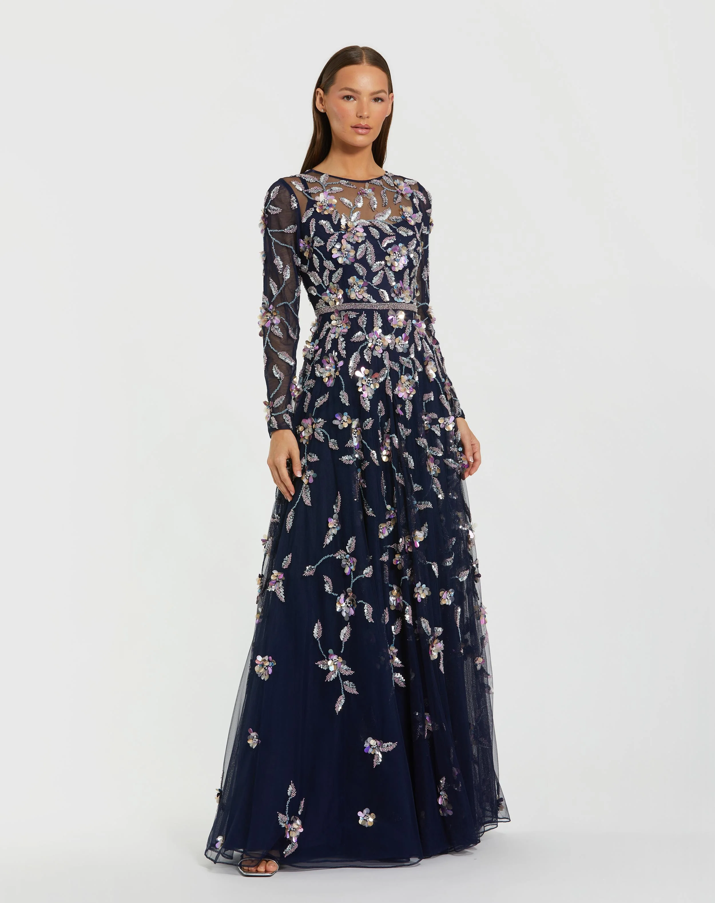 Navy Long Sleeve Floral Embellished Gown