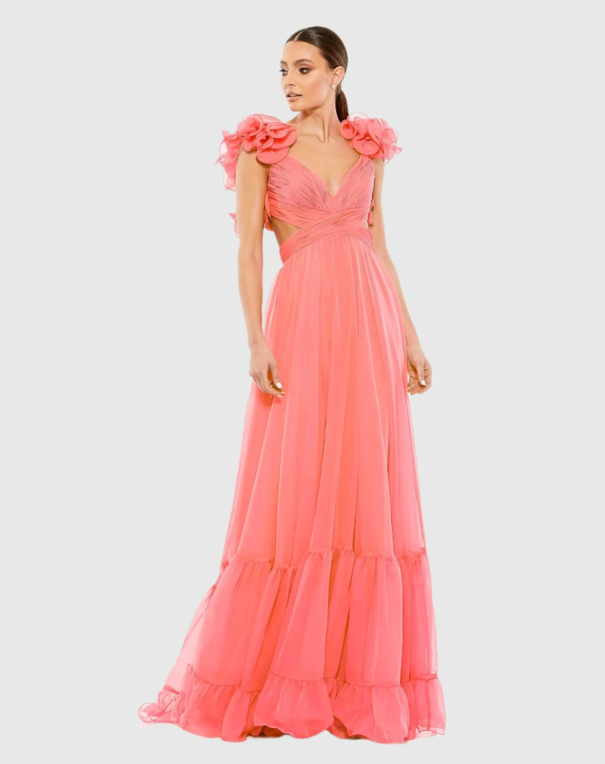 Ruffle Tiered Cut-Out Chiffon Gown