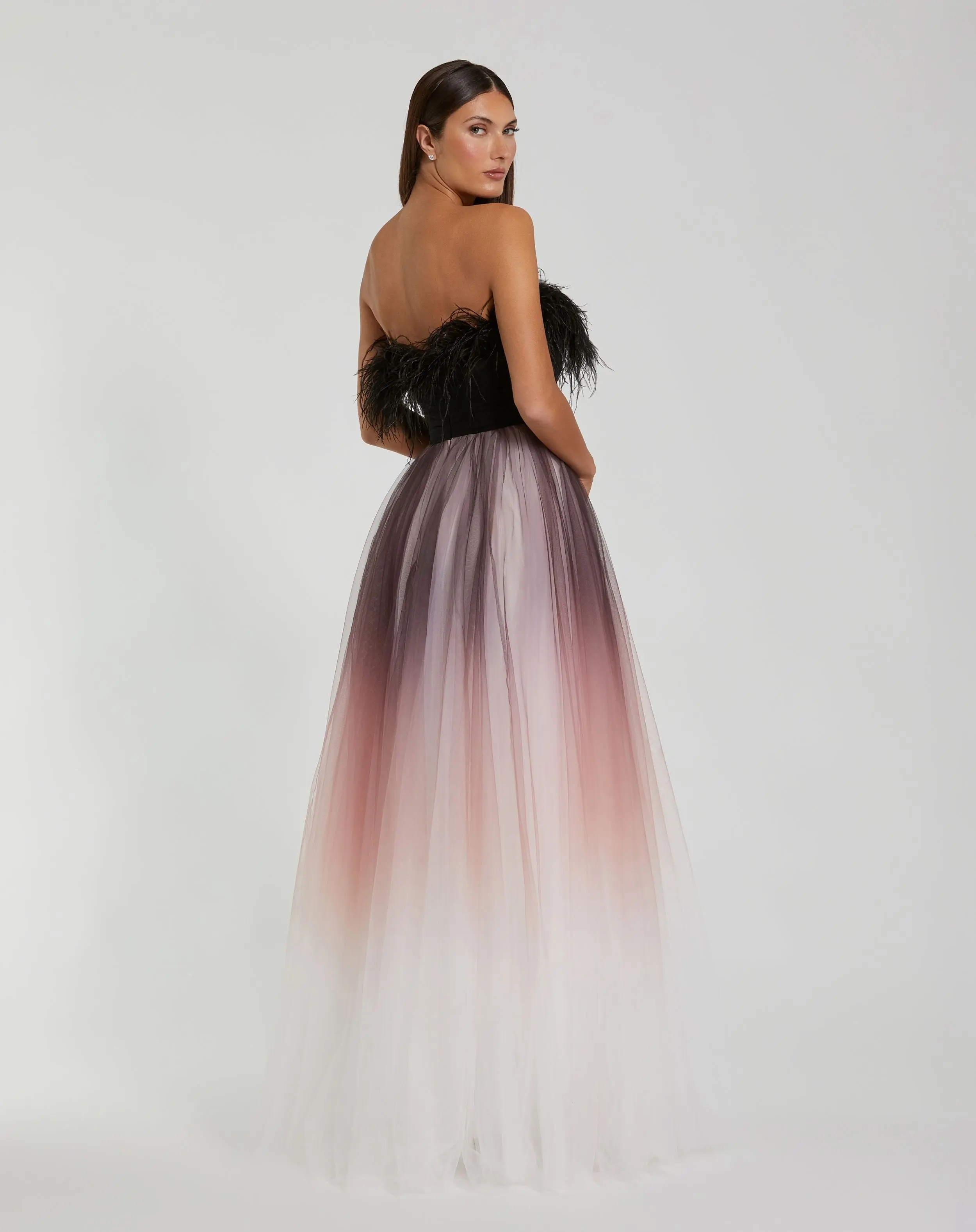Black Ombre Strapless Feather Bodice Tulle Gown