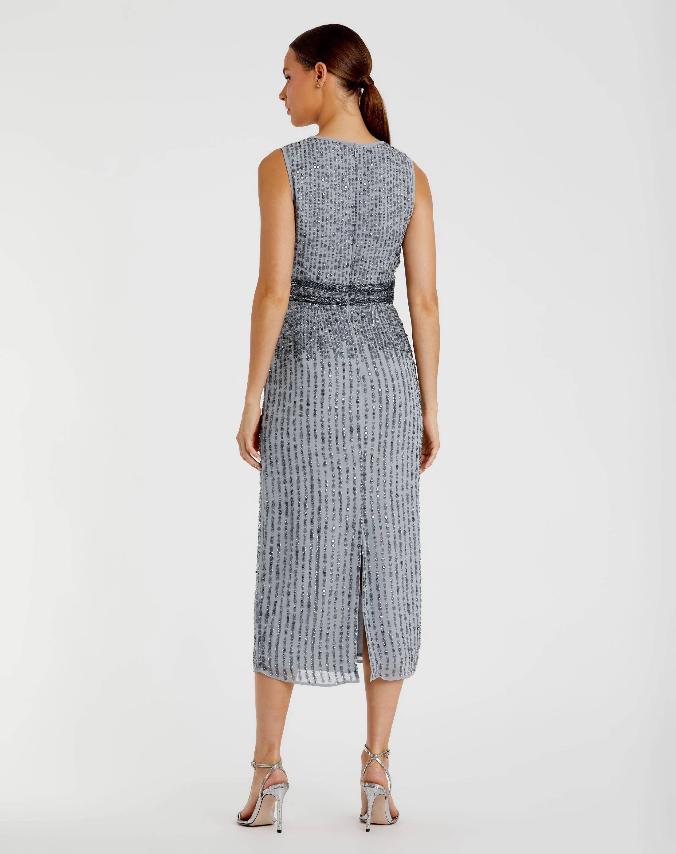 Gray Sleeveless High Neck Beaded Midi Sheath Dress