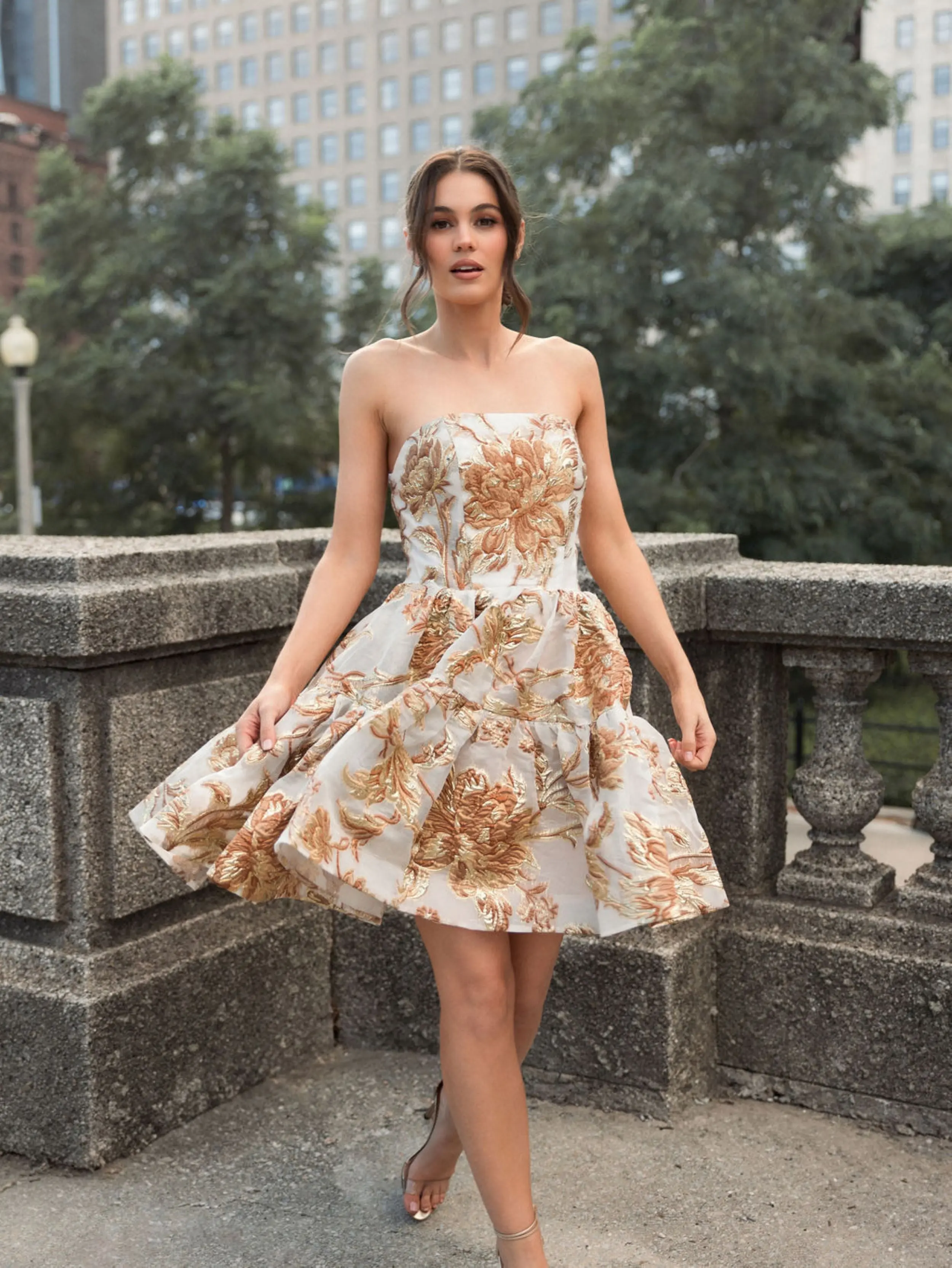 Gold Strapless Brocade Mini Dress with Pockets