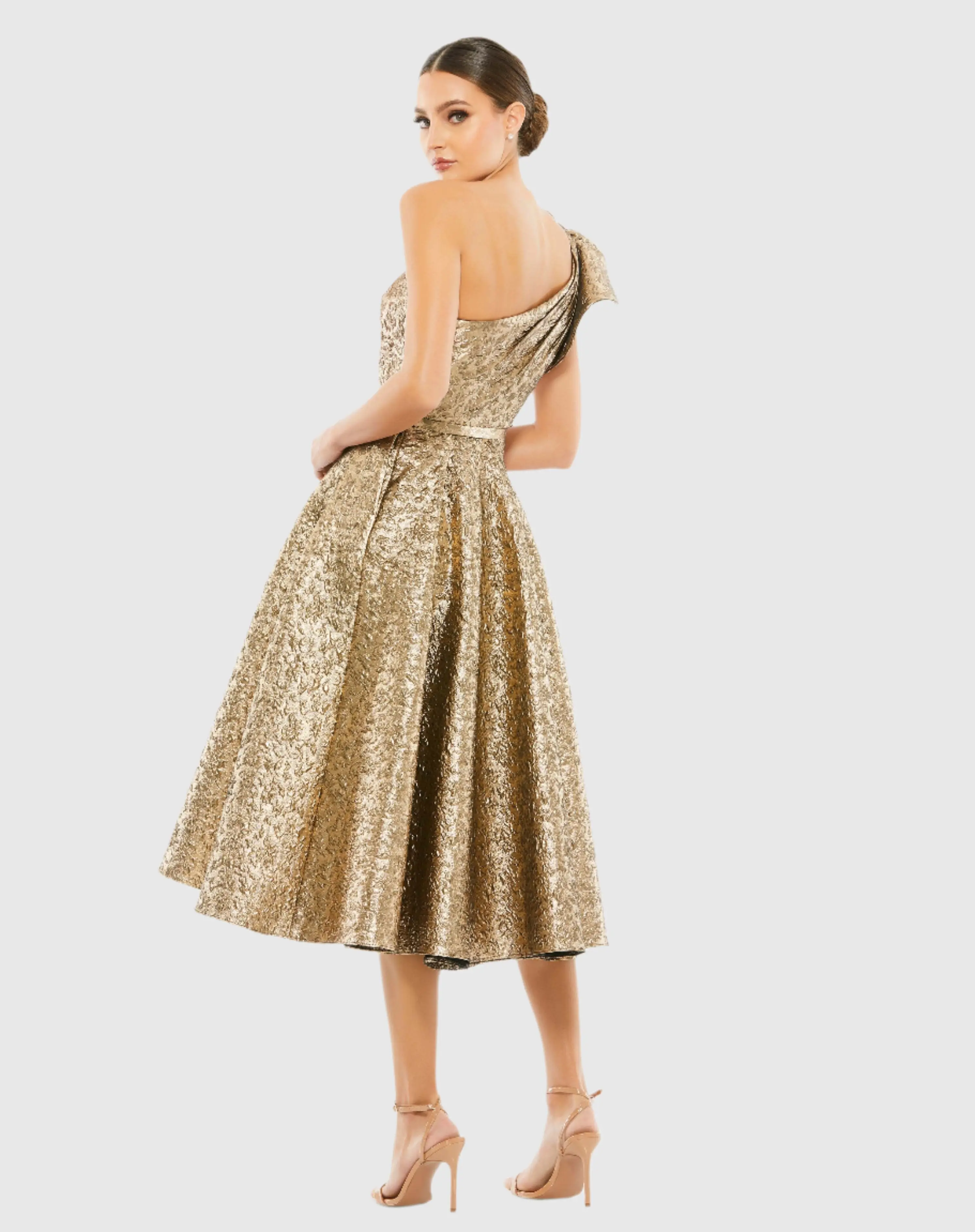 Gold One Shoulder Bow Midi Dress