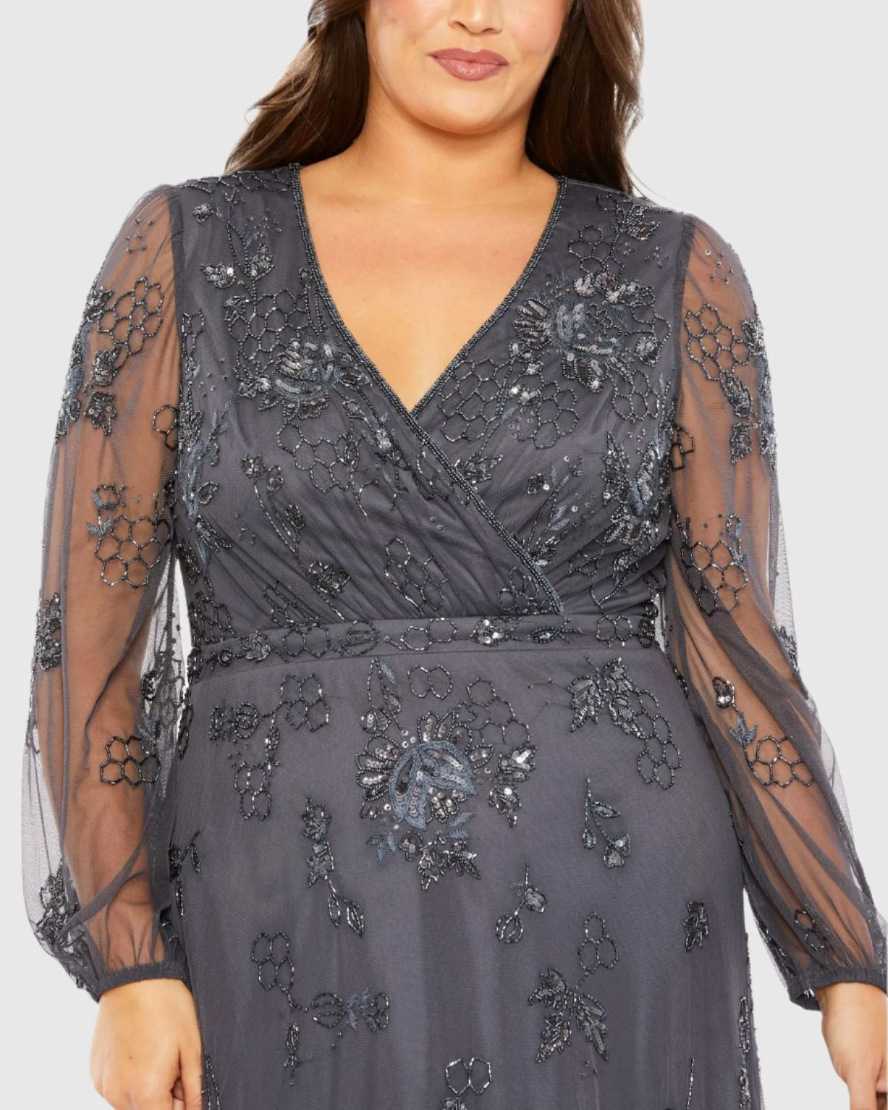 Gray Puff Sleeve V-Neck Tiered Embellished Gown - Plus