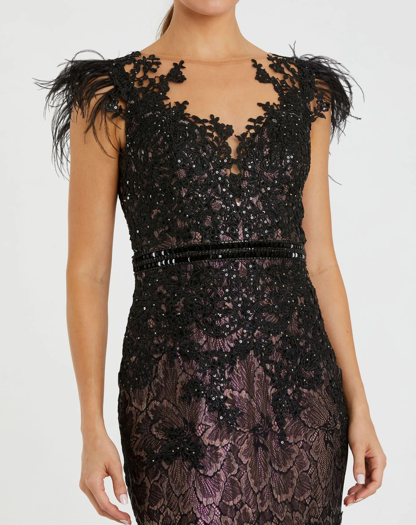 Black Embellished Feather Cap Sleeve Illusion Neck Trumpet Gown