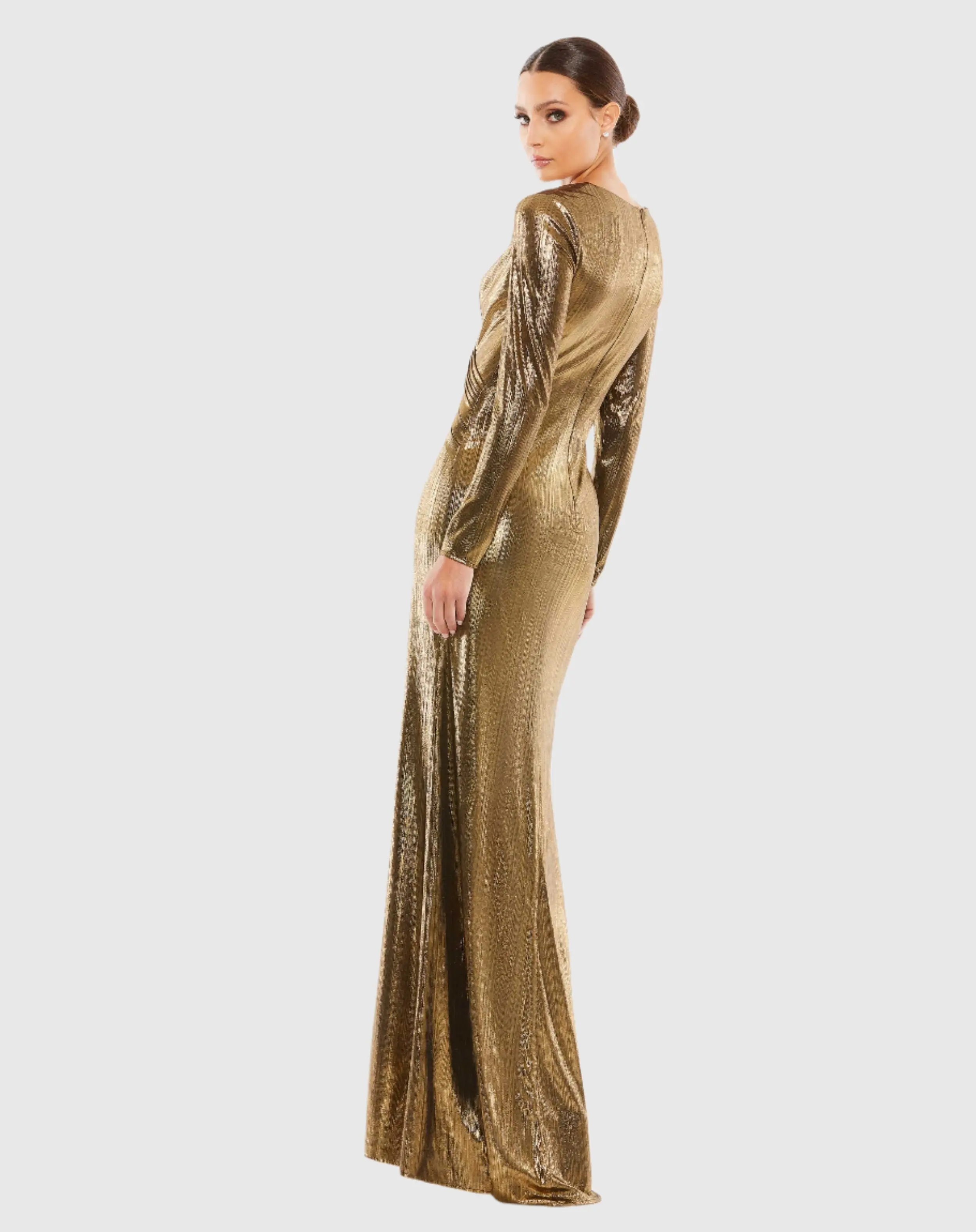 Gold Metallic Long Sleeve Asymmetrical Ruched Gown