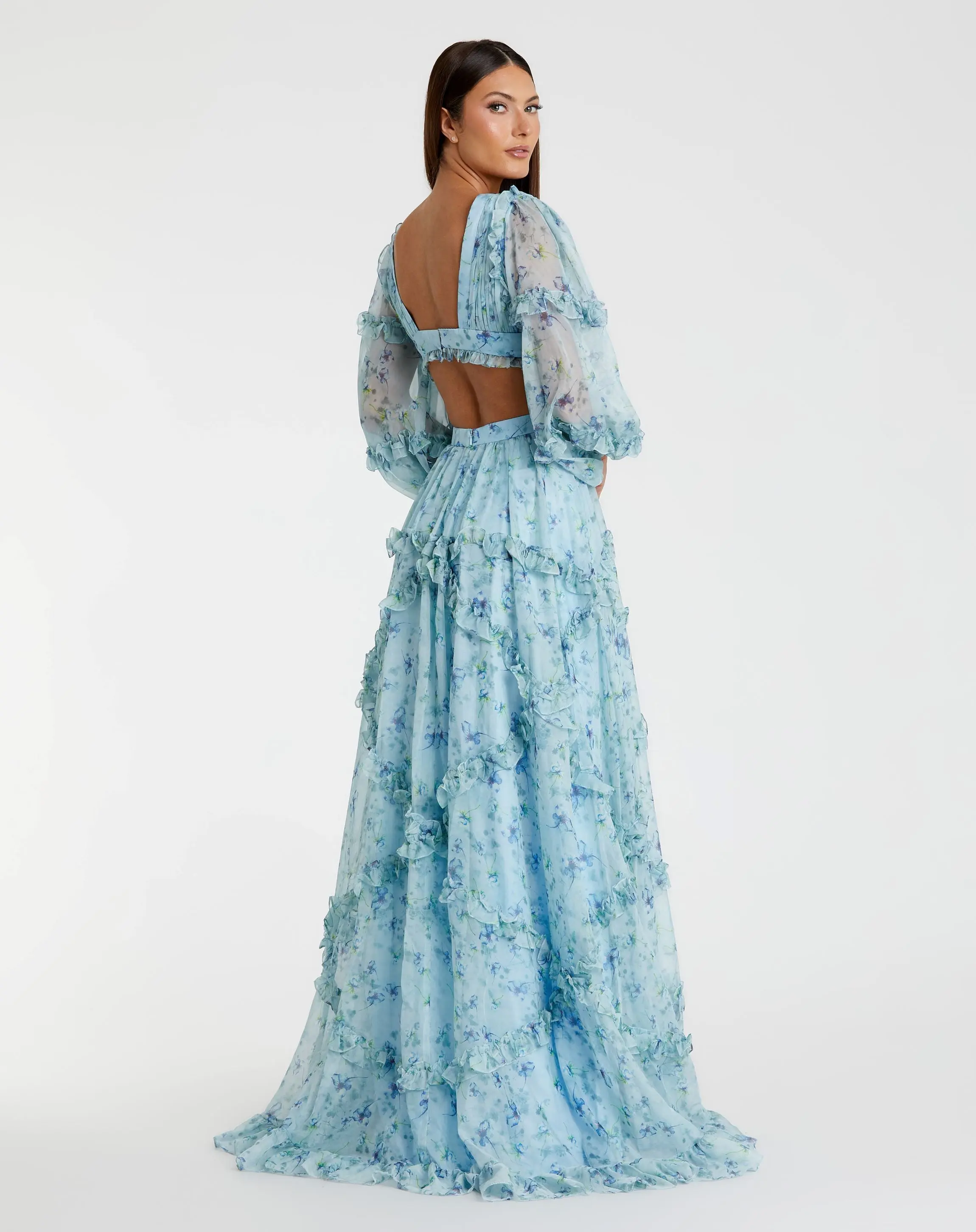 Blue Ruffle Tiered Floral Cutout Long Sleeve Gown