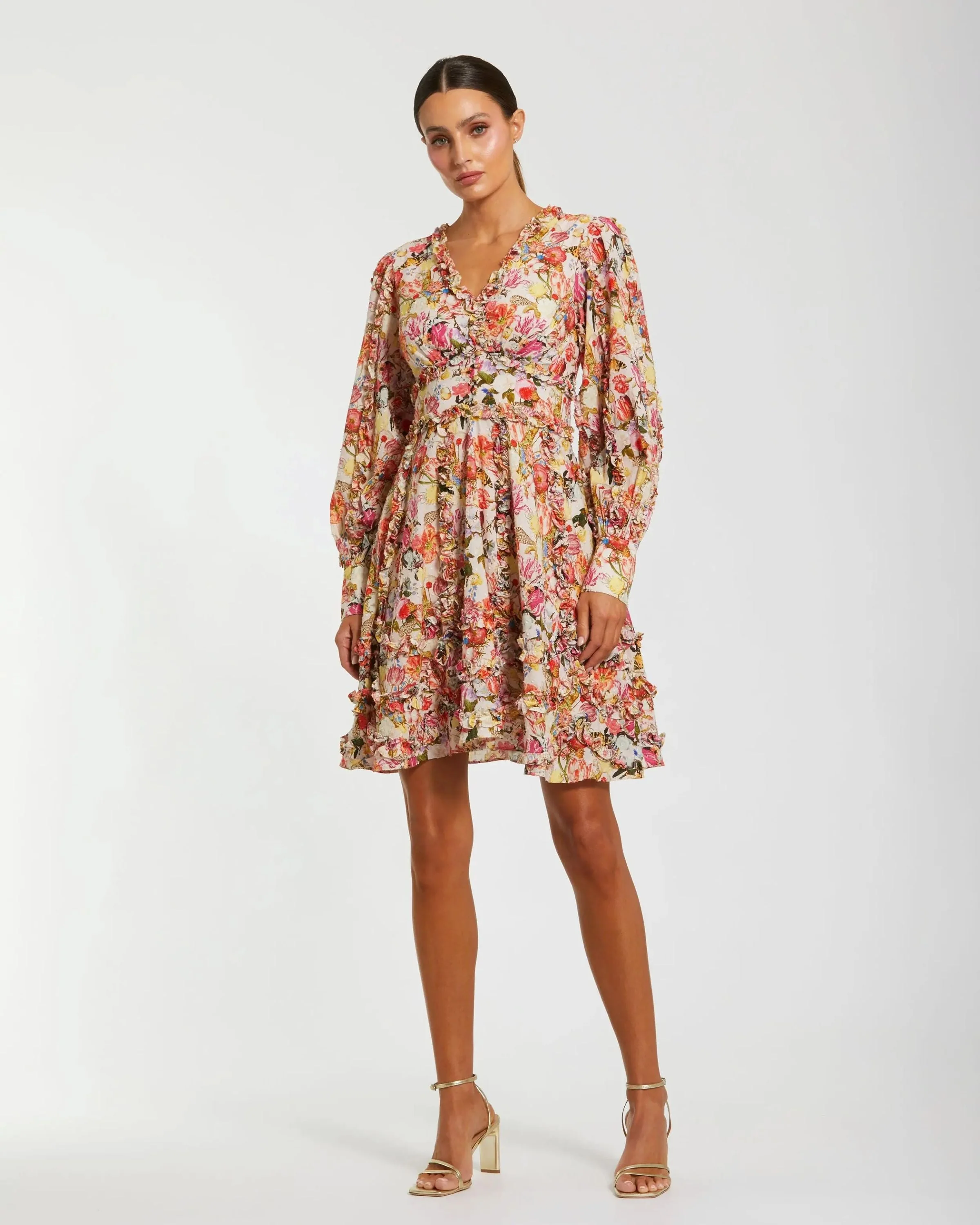 Multicolor Ruffle Floral V Neck Cotton Mini Dress