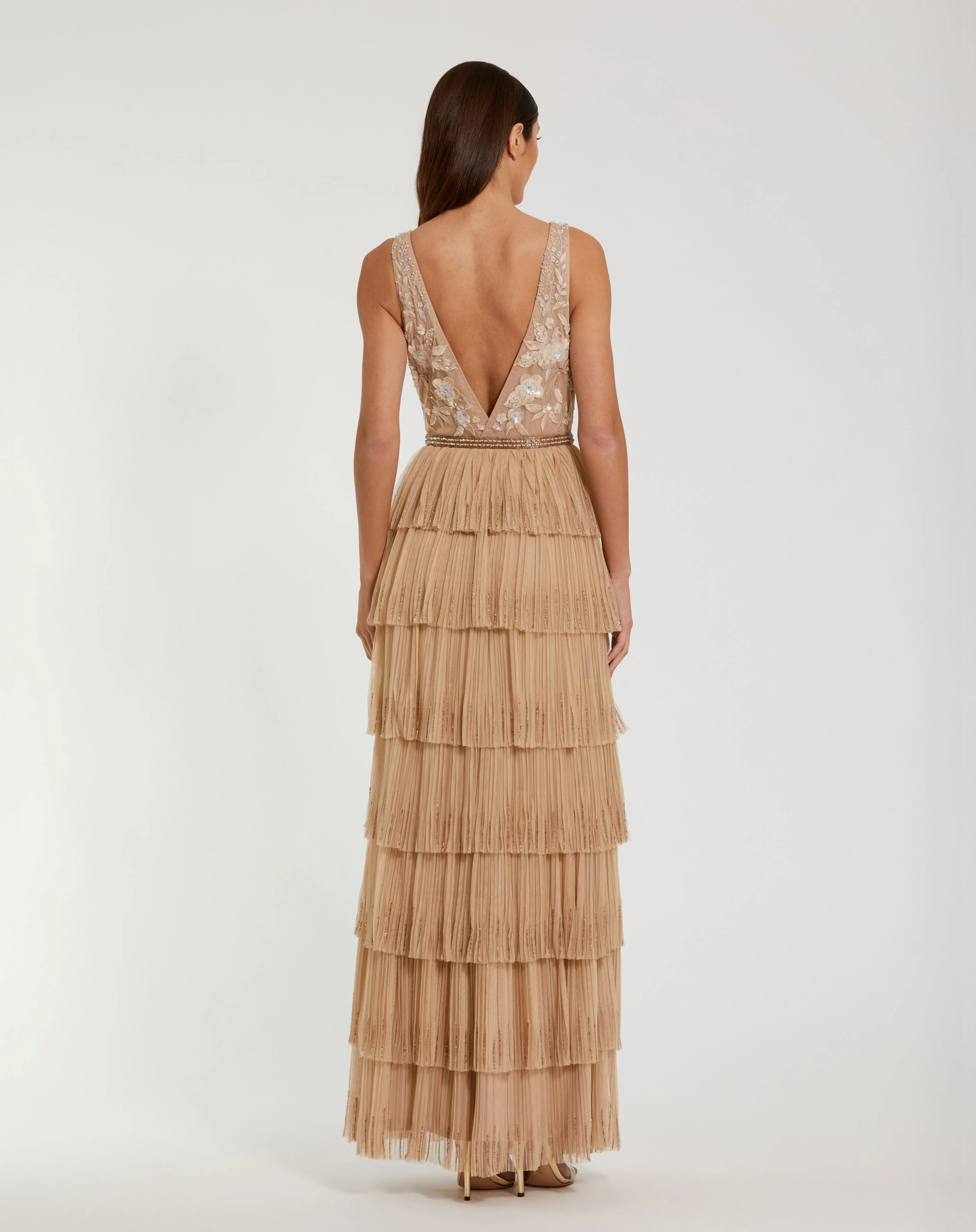 Beige Beaded Mesh V Neck Gown With Tiered Ruffles