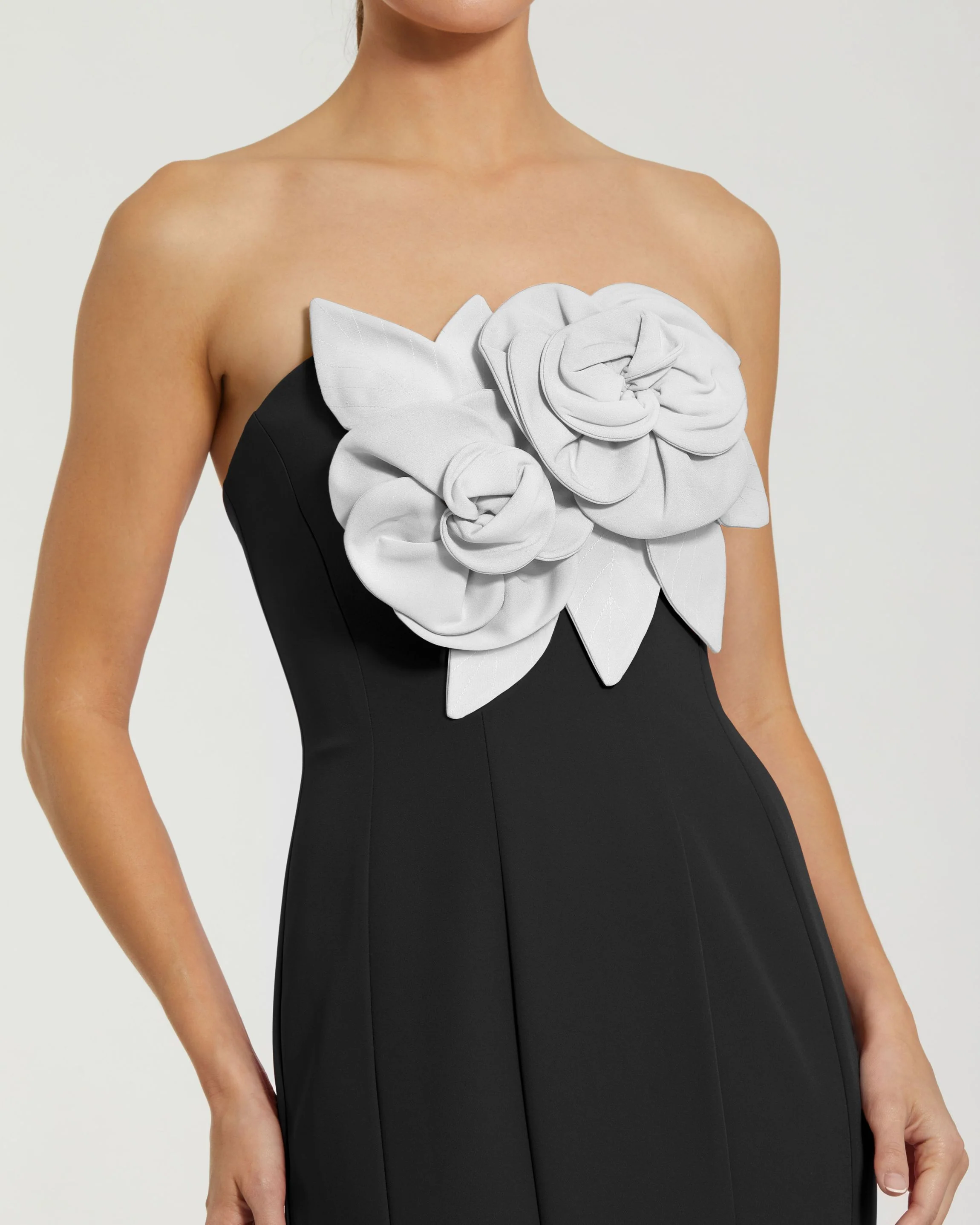 Black Strapless Crepe Mermaid Gown With 3D Flowers