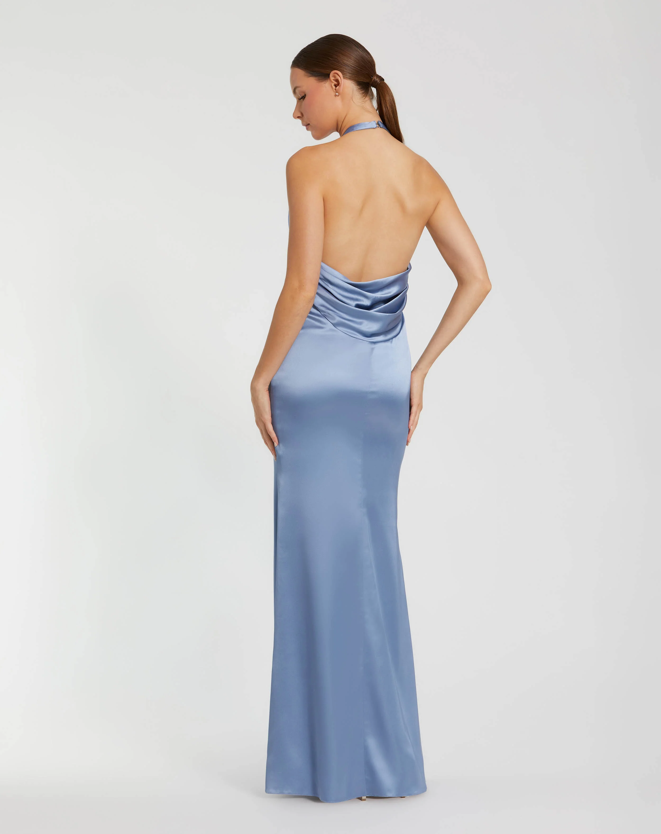 Blue Satin Halter Slip Dress with Rosette Detail