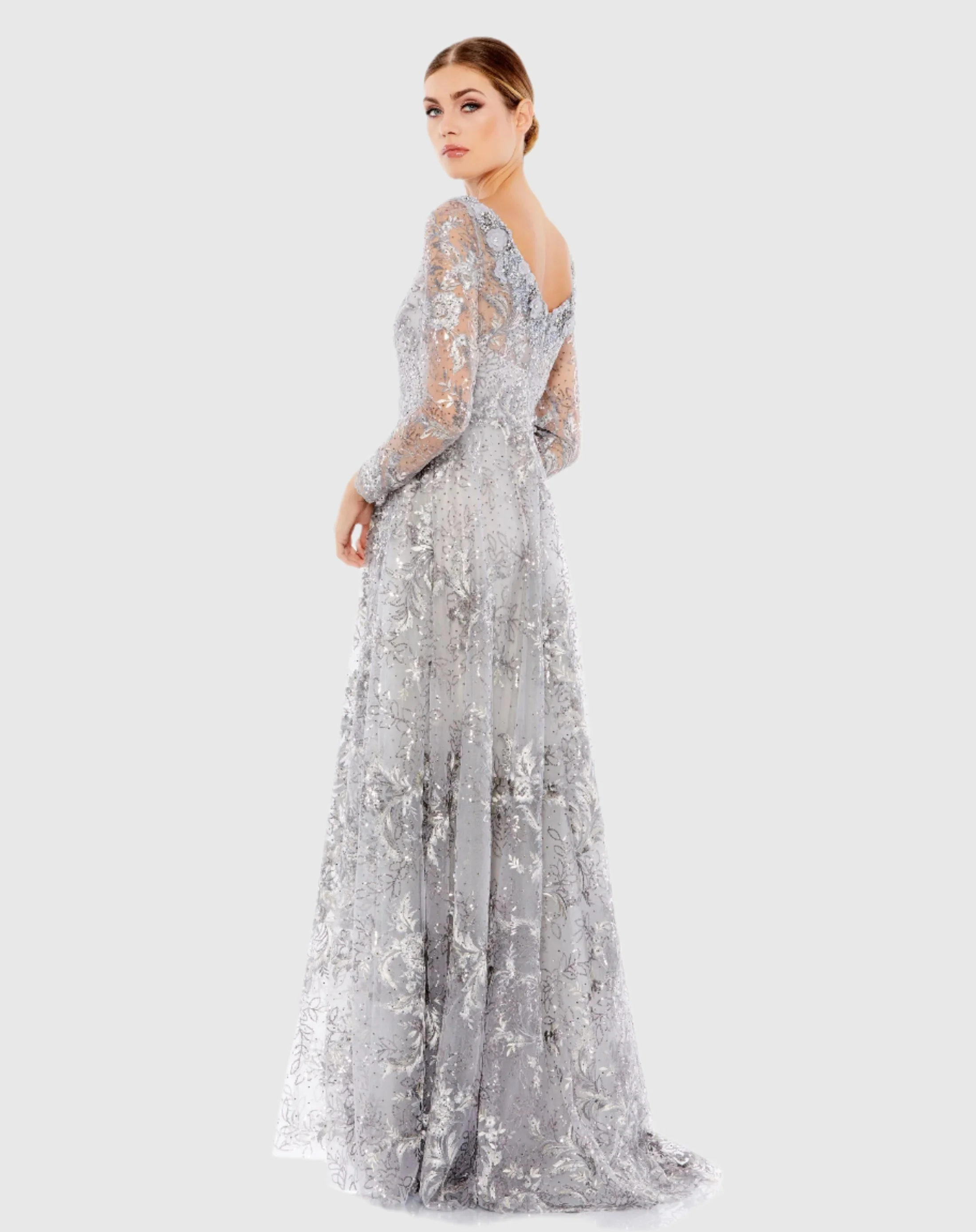 Gray Floral Embroidered Illusion Long Sleeve Gown