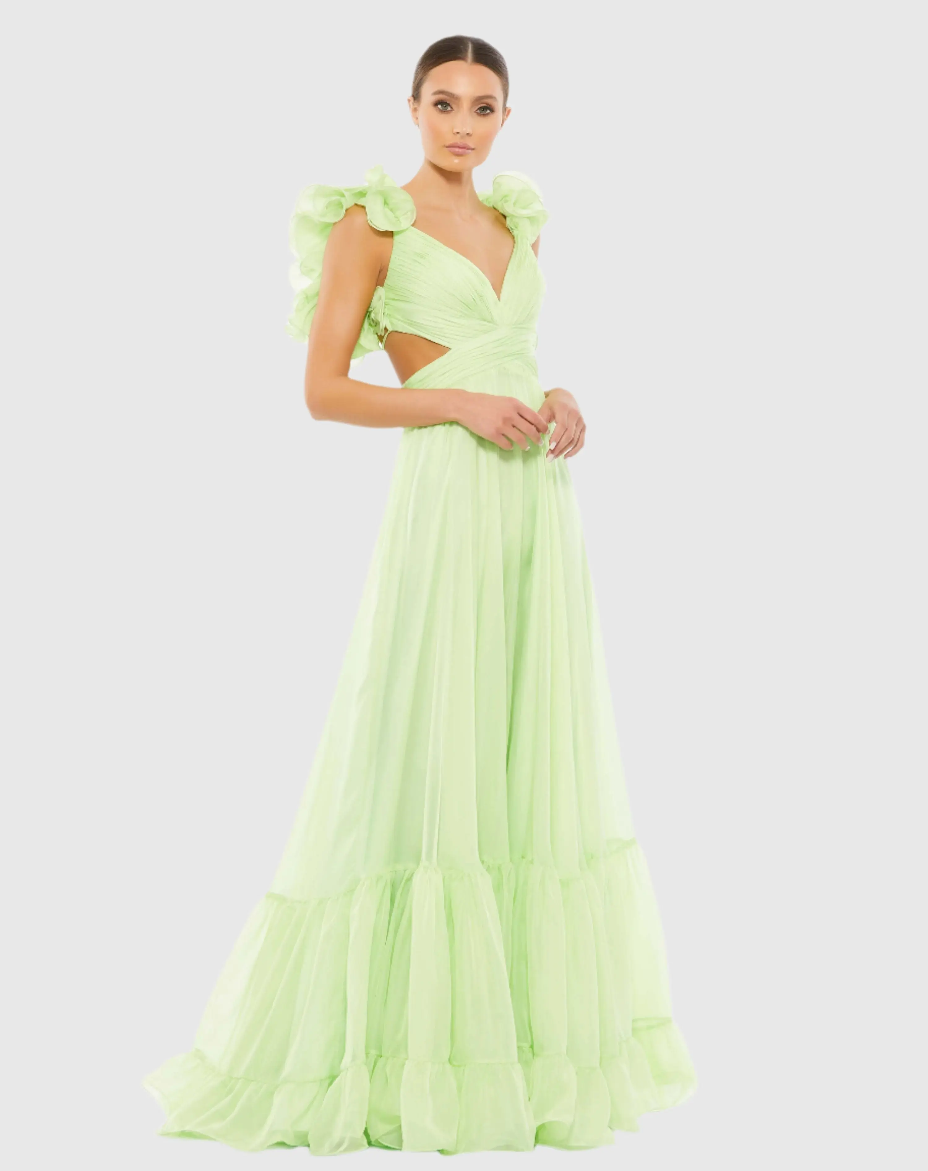 Ruffle Tiered Cut-Out Chiffon Gown
