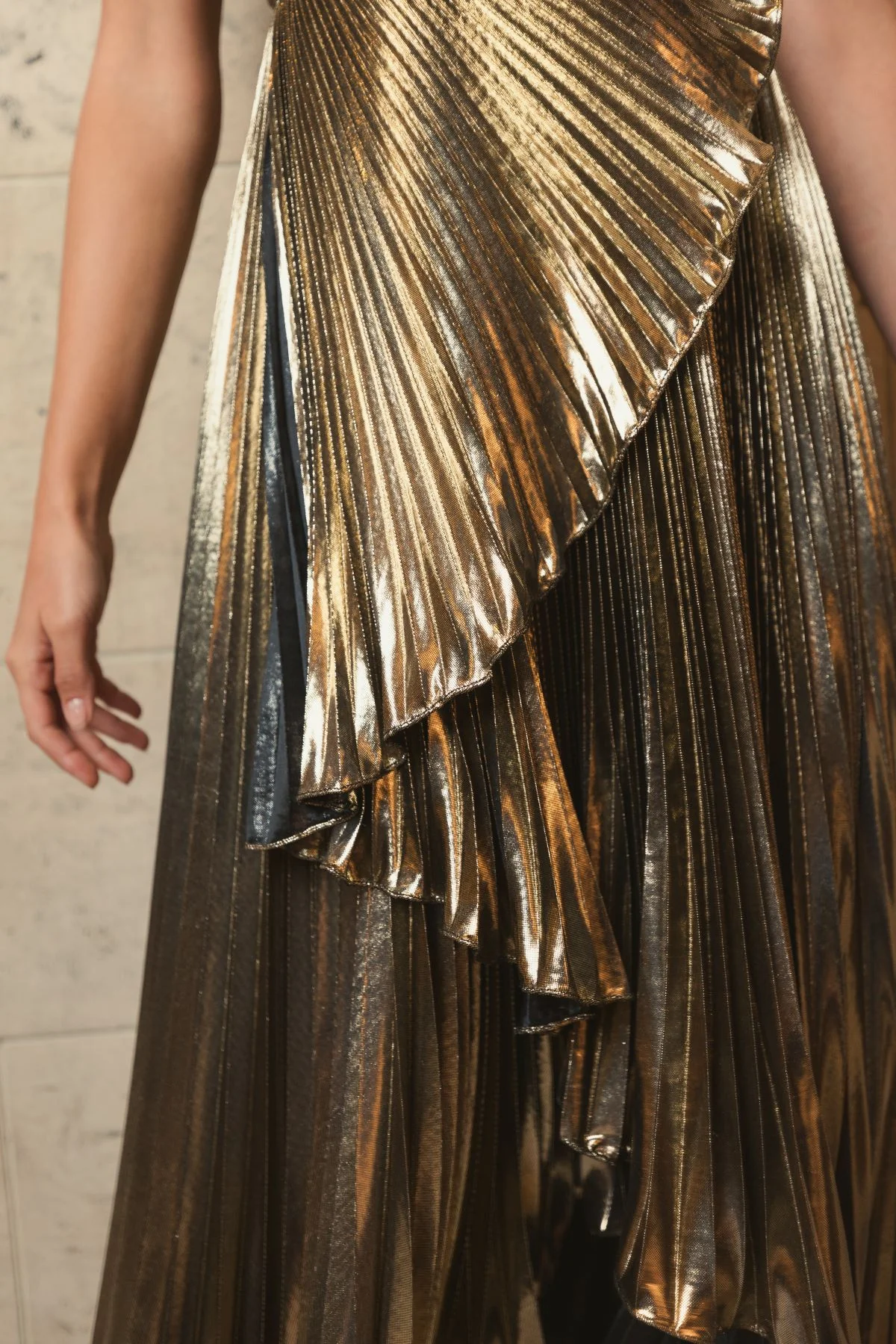 Gold Pleated Metallic One Shoulder High Low Gown