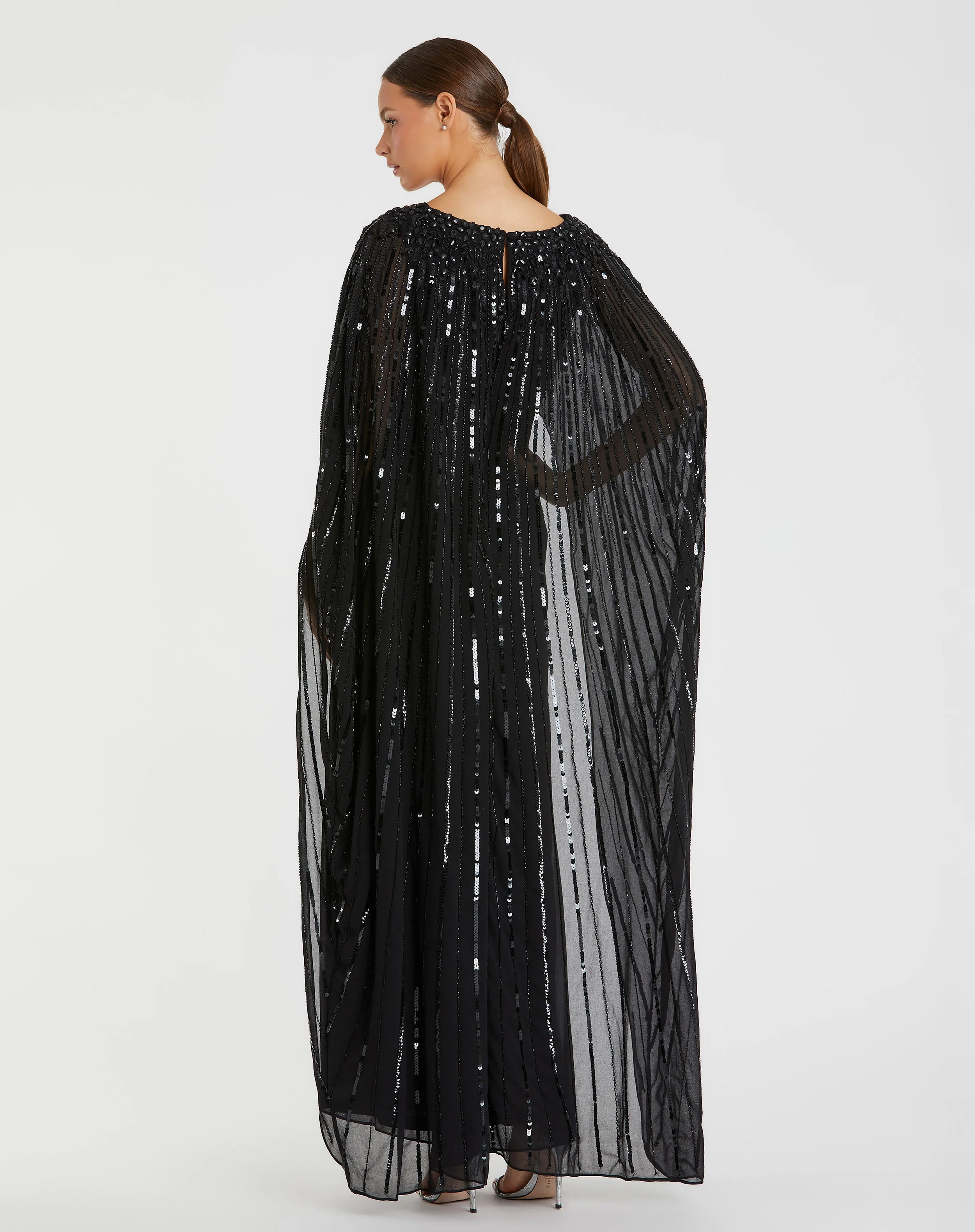 Black Embellished Beaded Column Cape Gown