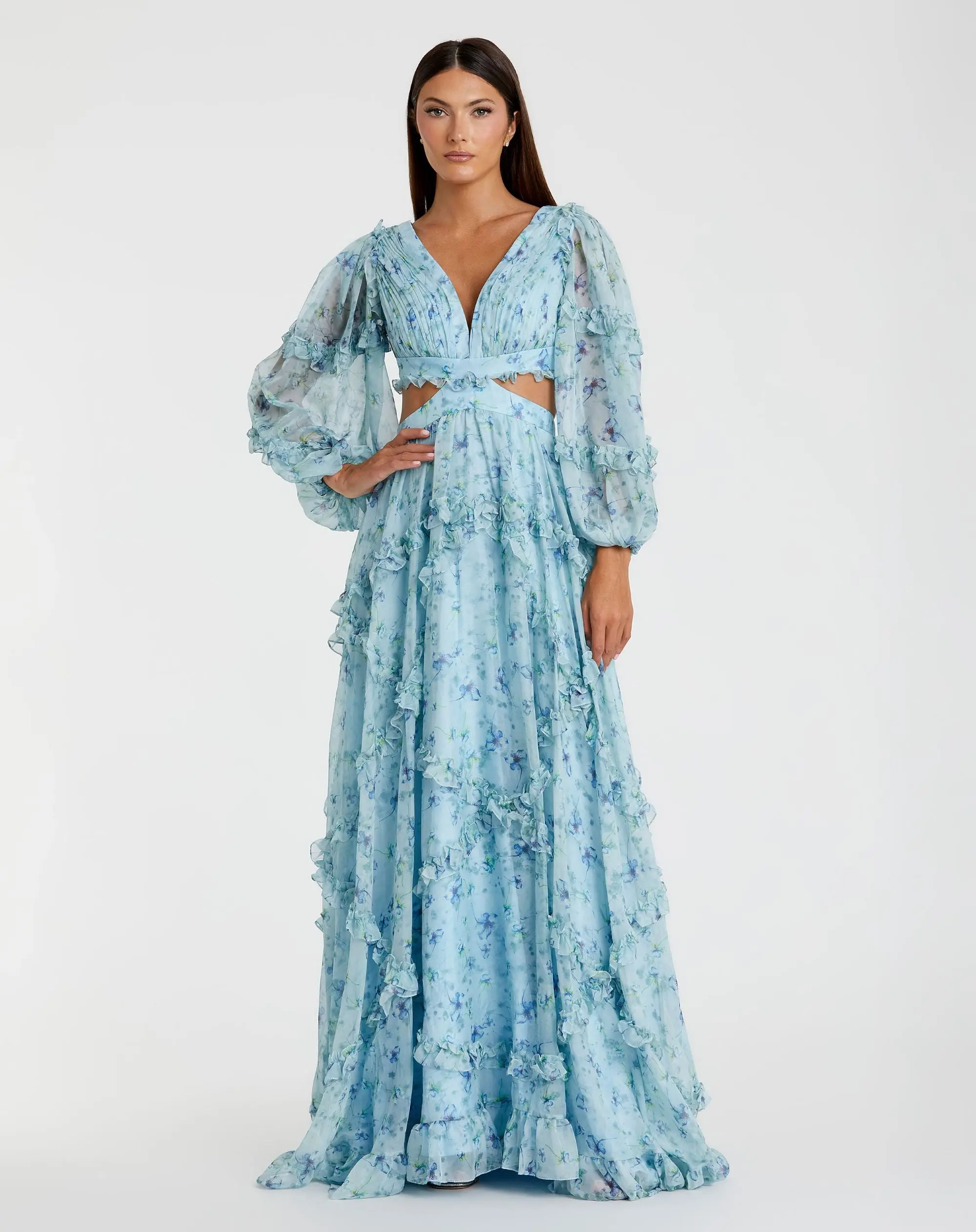 Blue Ruffle Tiered Floral Cutout Long Sleeve Gown