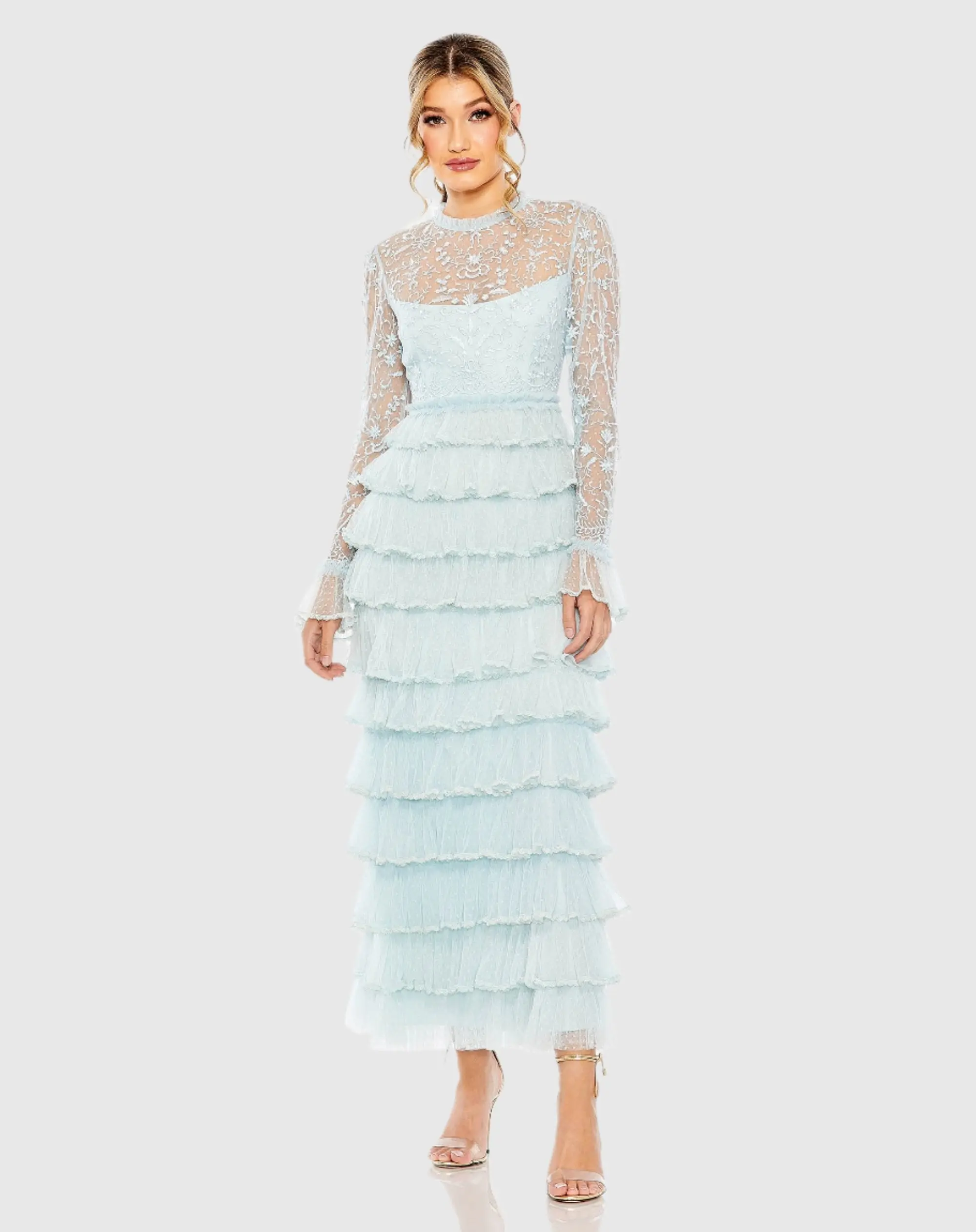 Blue Embroidered Long Sleeve Ruffled Tiered Dress