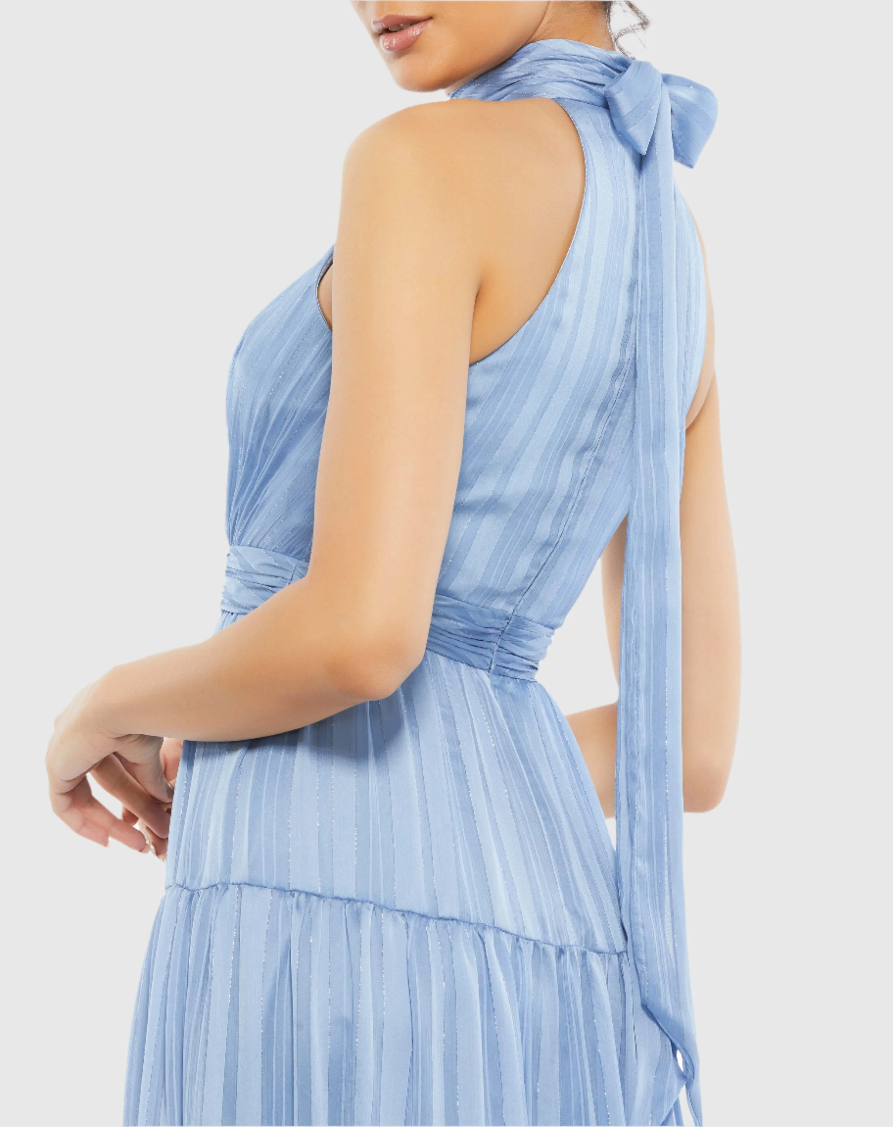 Blue Tie Halter Neck Tiered Gown