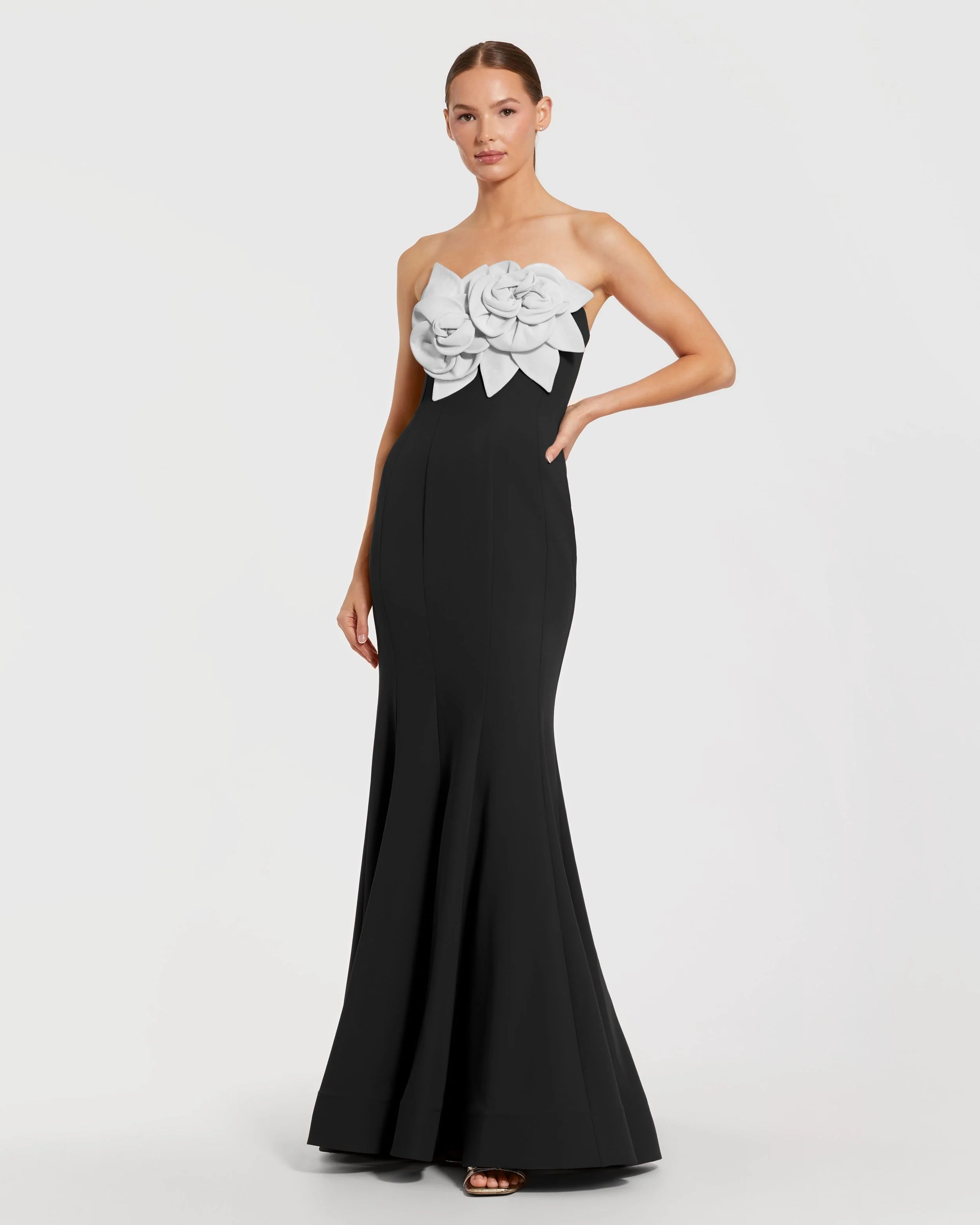 Black Strapless Crepe Mermaid Gown With 3D Flowers