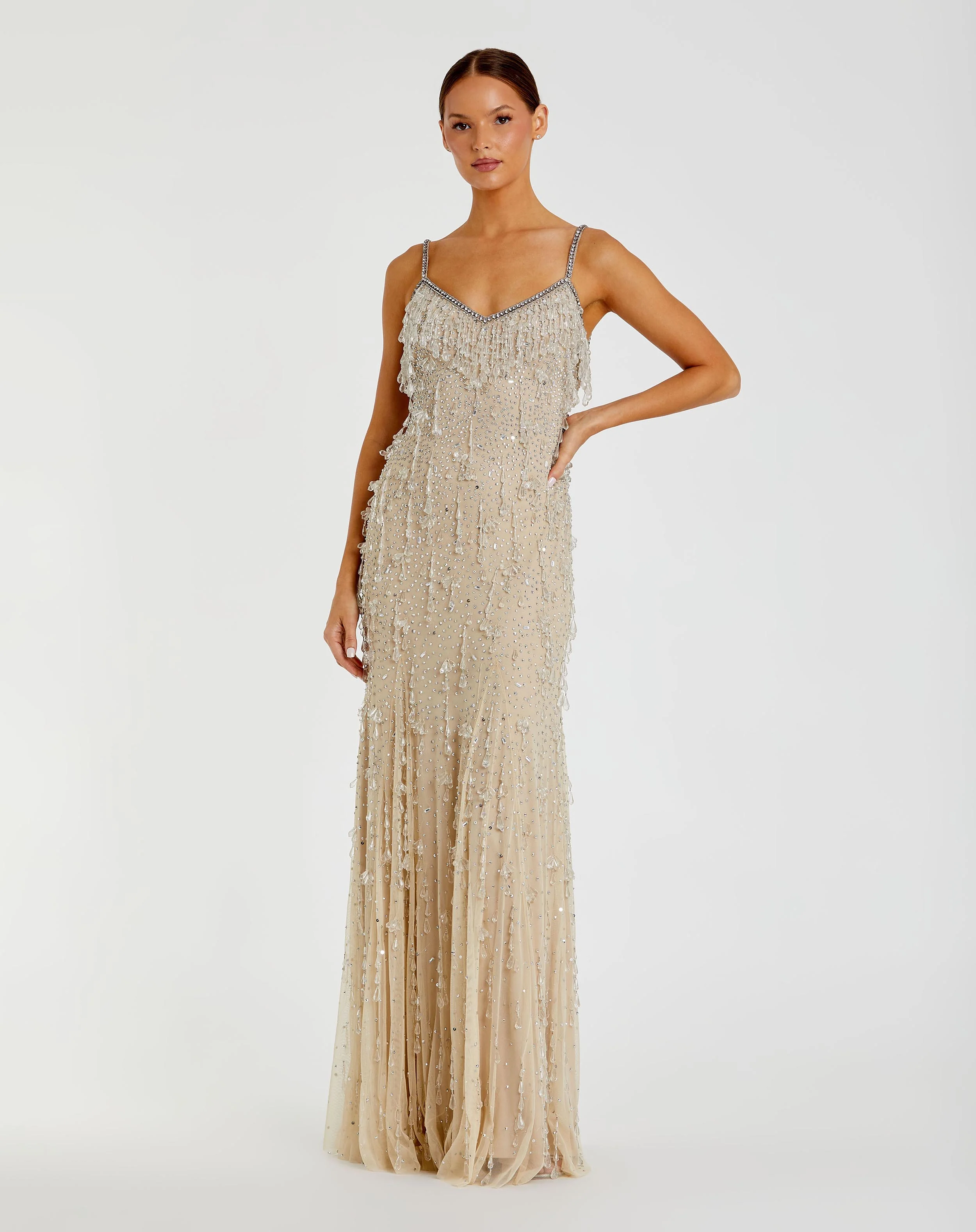 Beige V-Neck Column Gown with Fringe Embellishments