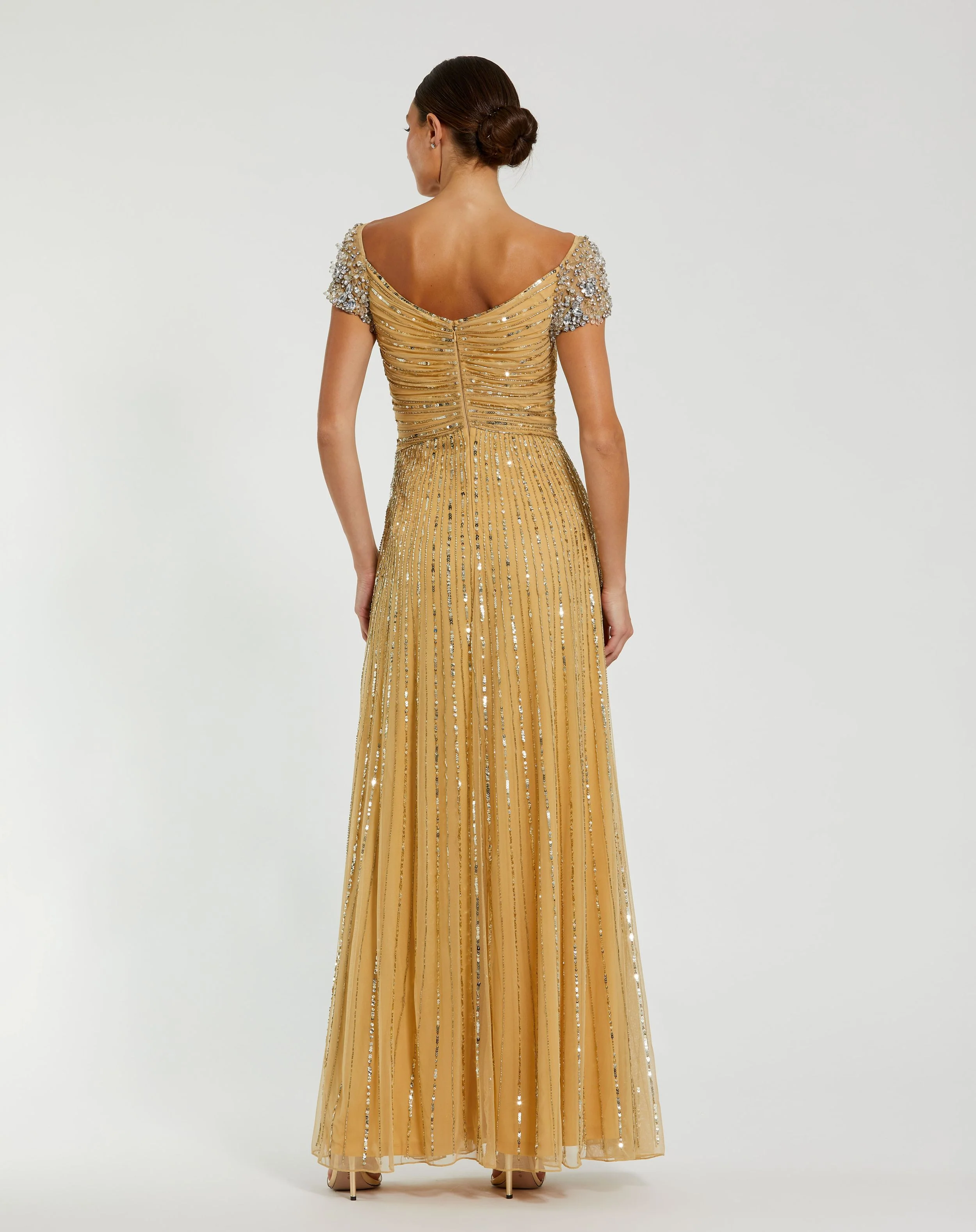 Gold Embellished Gown With Beaded Shoulders