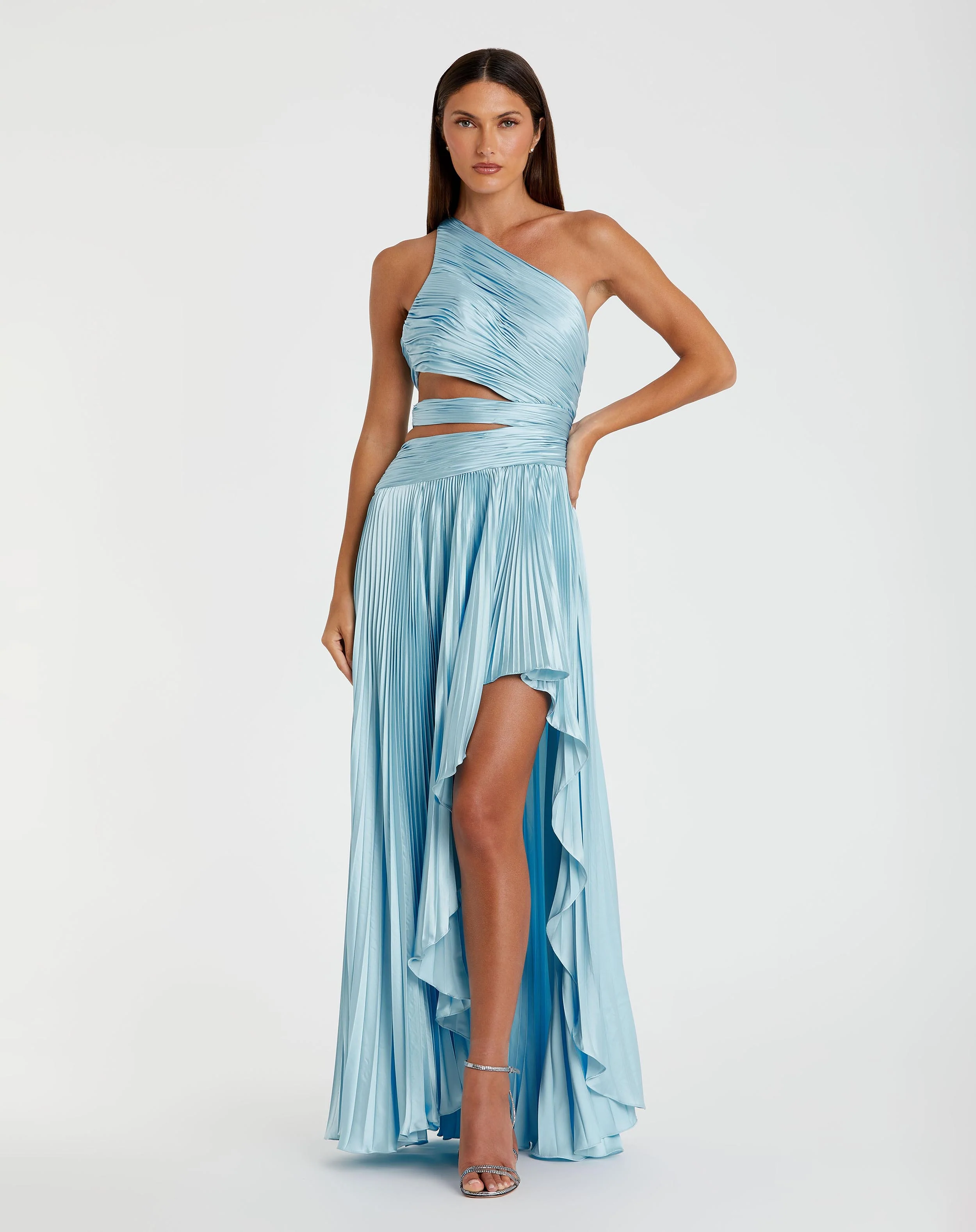 Blue One Shoulder Pleated Charmeuse High Low Gown