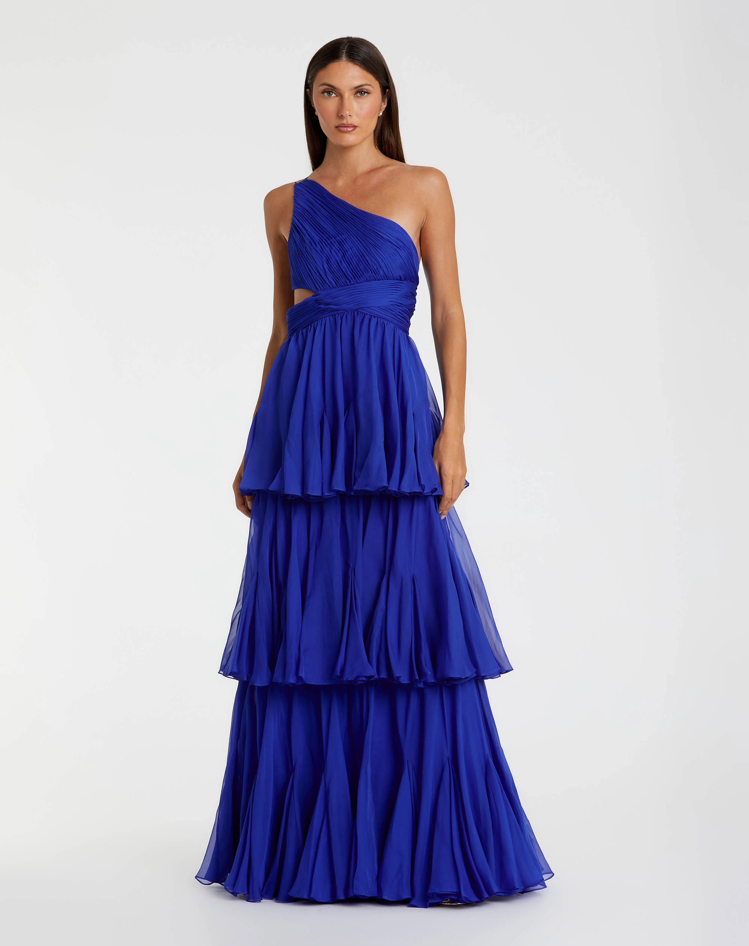 Blue One-Shoulder Tiered A-Line Chiffon Gown