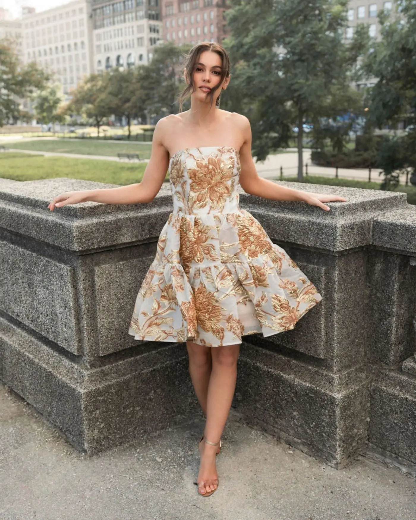 Gold Strapless Brocade Mini Dress with Pockets