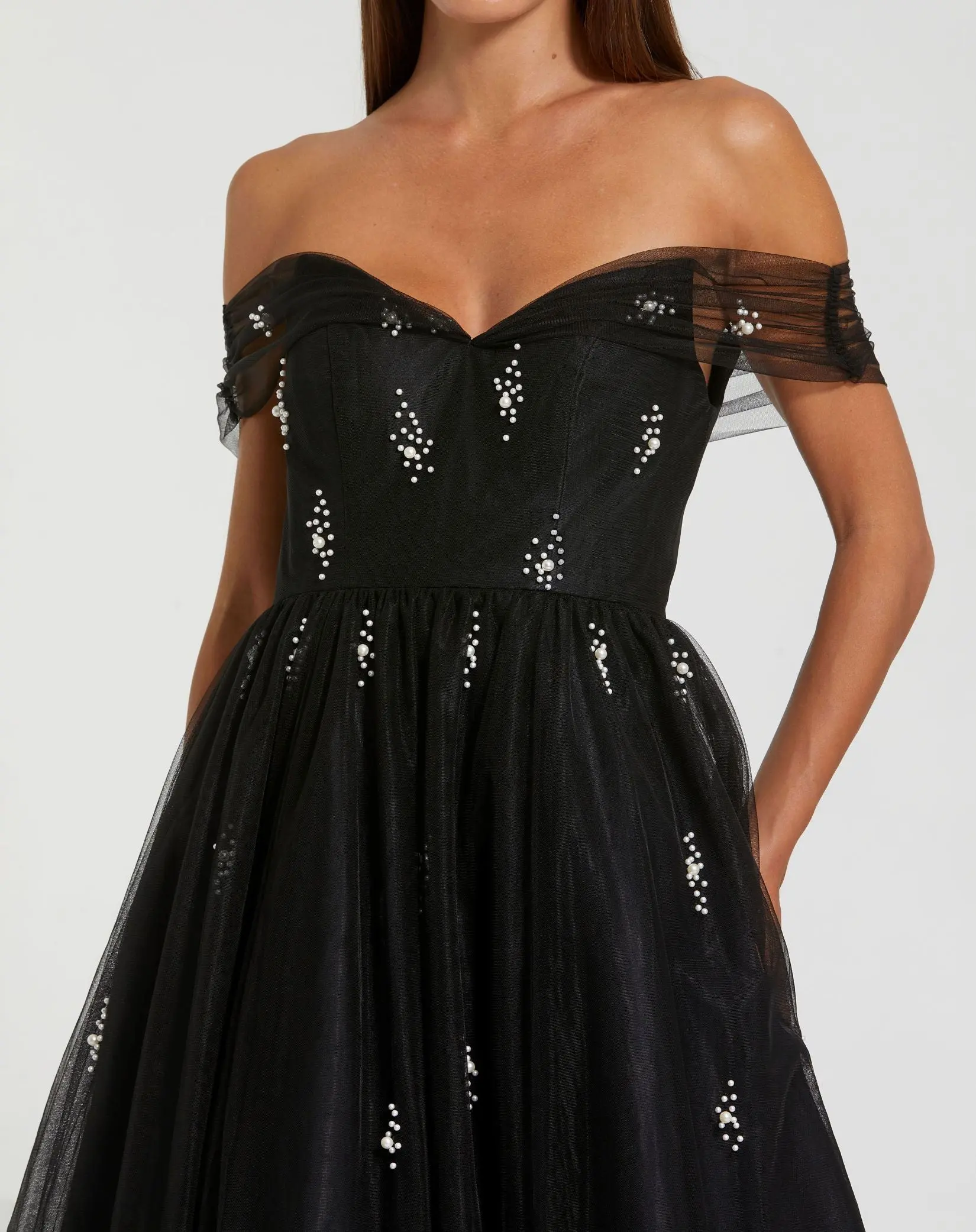Black Off The Shoulder Embellished Tulle Cocktail Dress