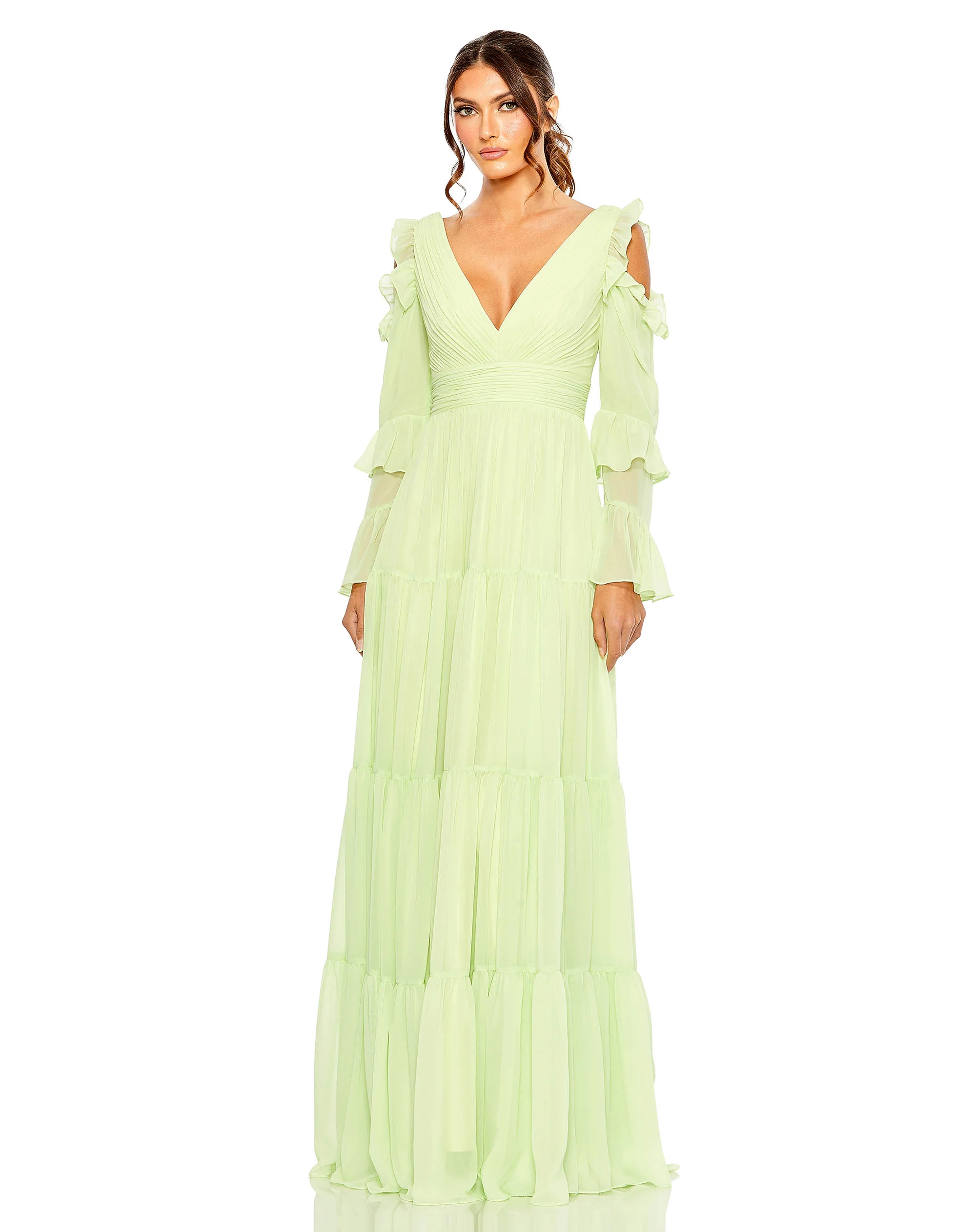 Green Drop Shoulder Ruffle Sleeve Tiered Gown | Sample | Sz. 2