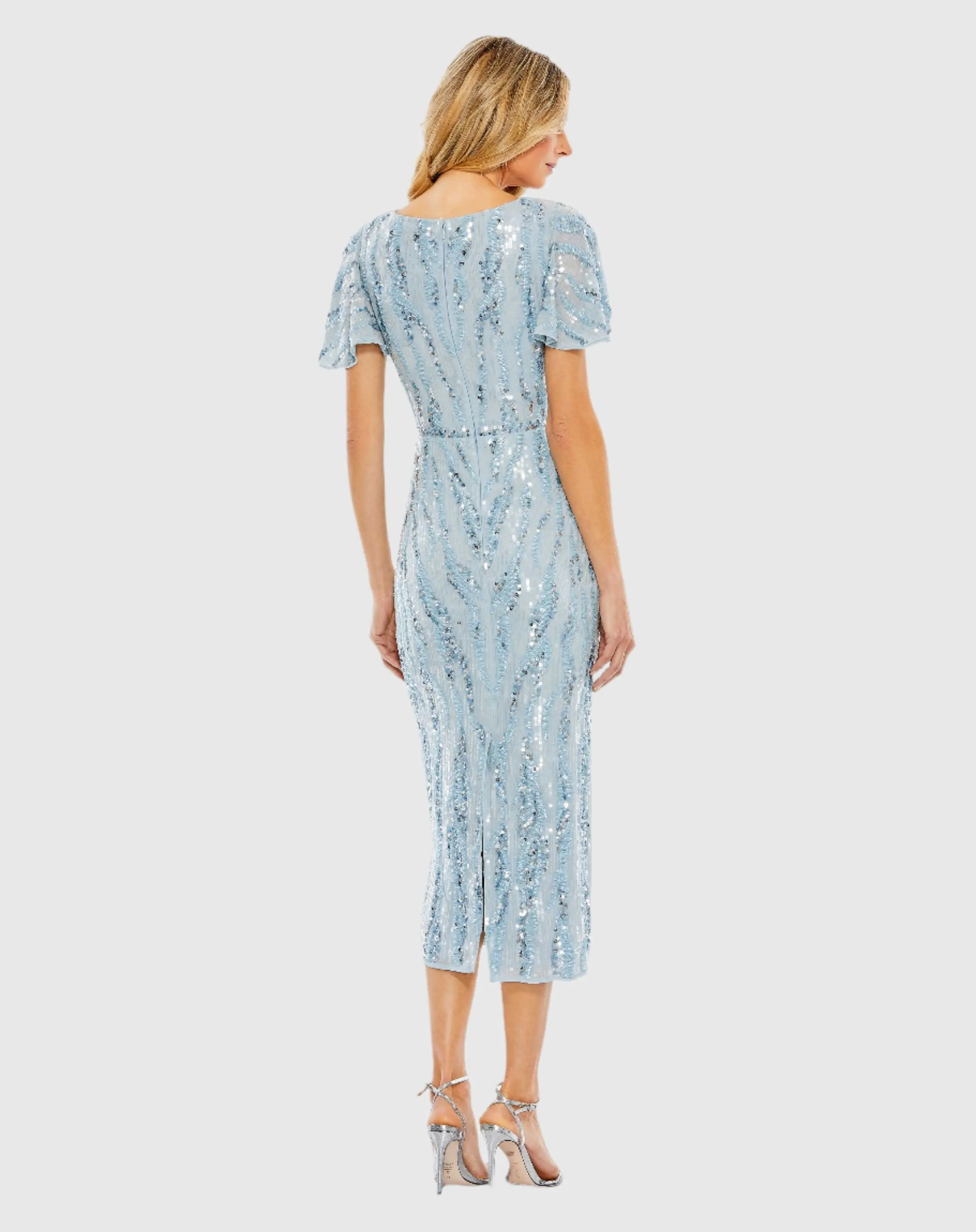 Blue Sequined V Neck Flutter Sleeve Tea Length Dress