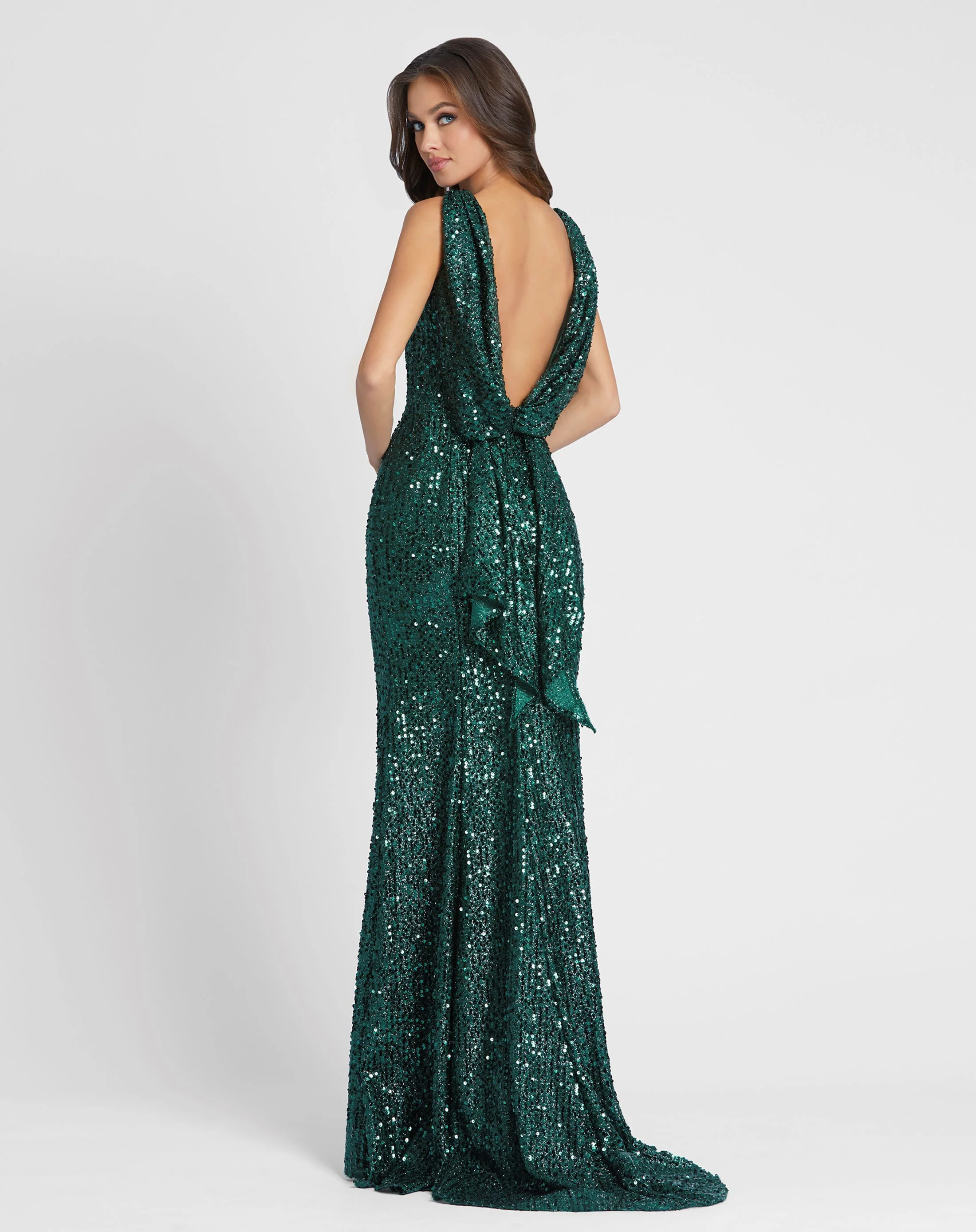 Green Cowl Back Boat Neck Sequined Evening Gown