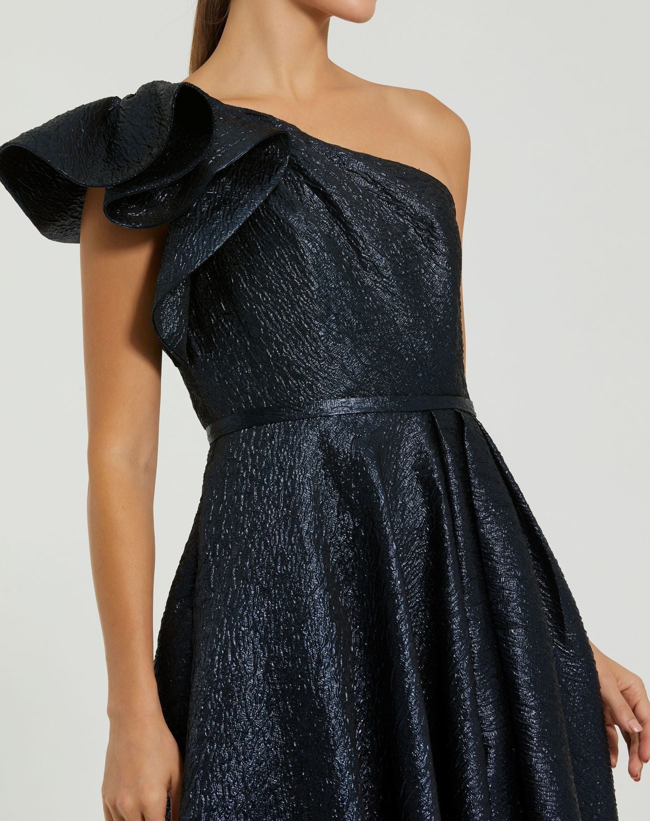 Navy One Shoulder Metallic Ballgown